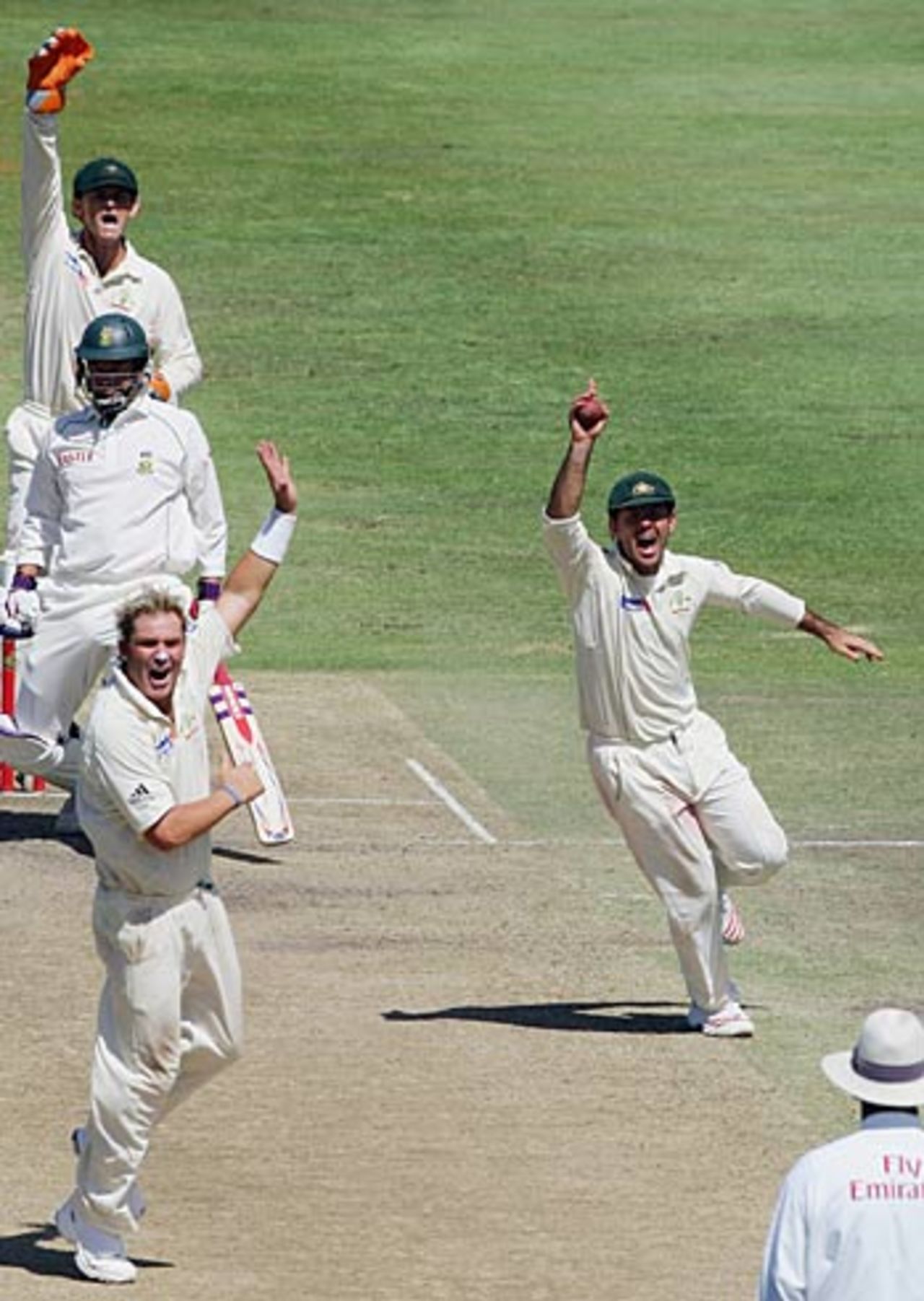 Shane Warne and Ricky Ponting appeal for a catch against Andrew Hall, South Africa v Australia, 1st Test, Cape Town, March 18, 2006