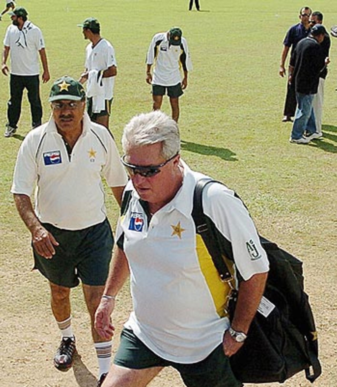 A less than impressed Bob Woolmer after his practice session was postponed because the ground was occupied by a softball match, Colombo March 14 2006