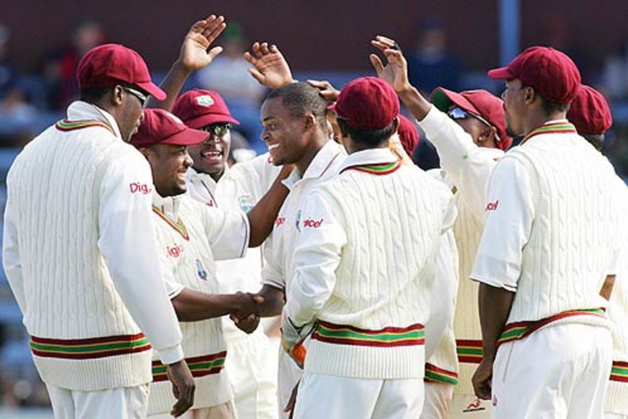 The West Indies players rush to congratulate Darren Powell for dismissing Nathan Astle, New Zealand v West Indies, 2nd Test, Wellington, 3rd day, March 19 2006
