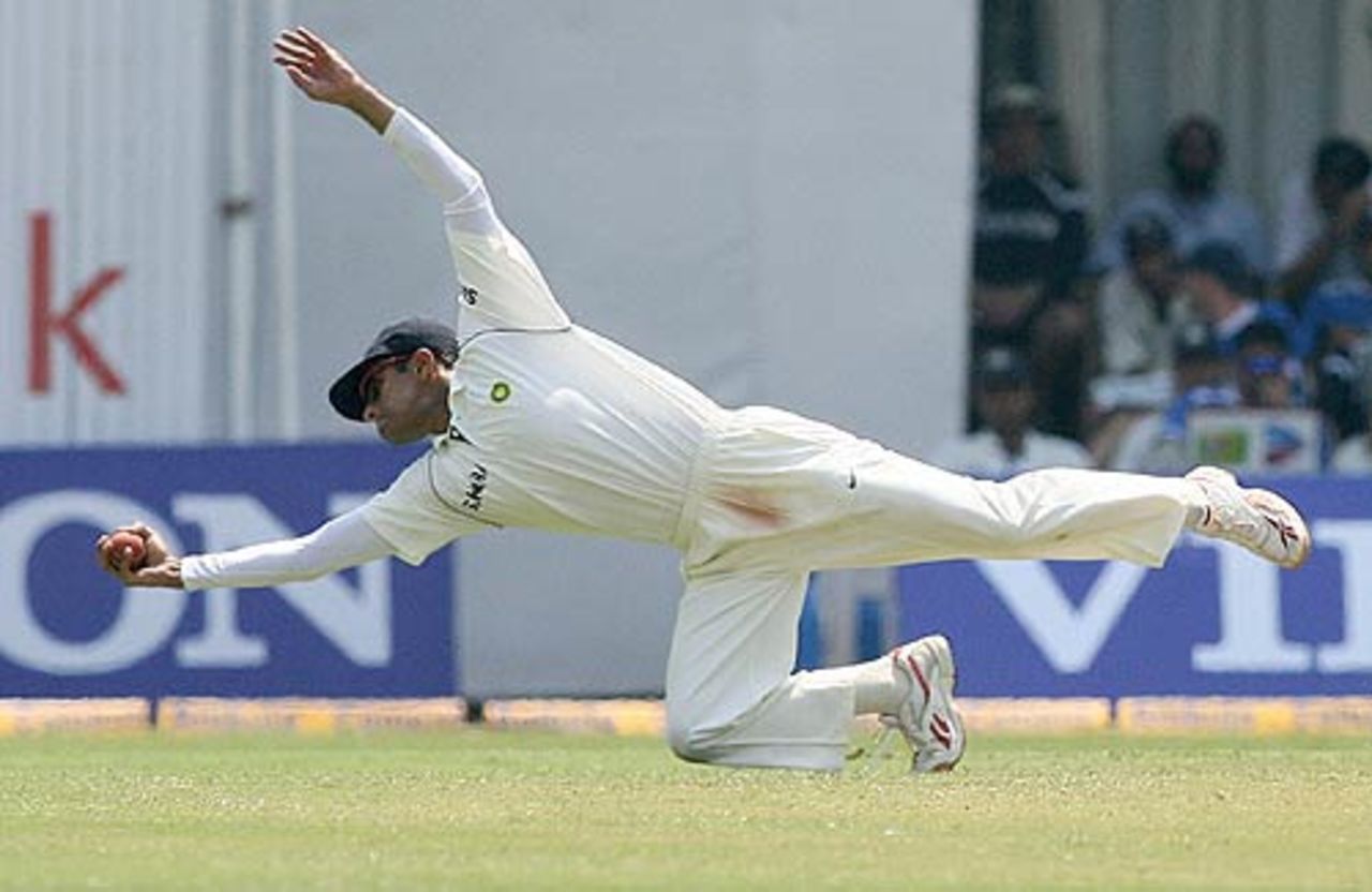 Rahul Dravid takes a spectacular catch at slip to dismiss Owais Shah, India v England, 3rd Test, Mumbai, 2nd day, March 19 2006