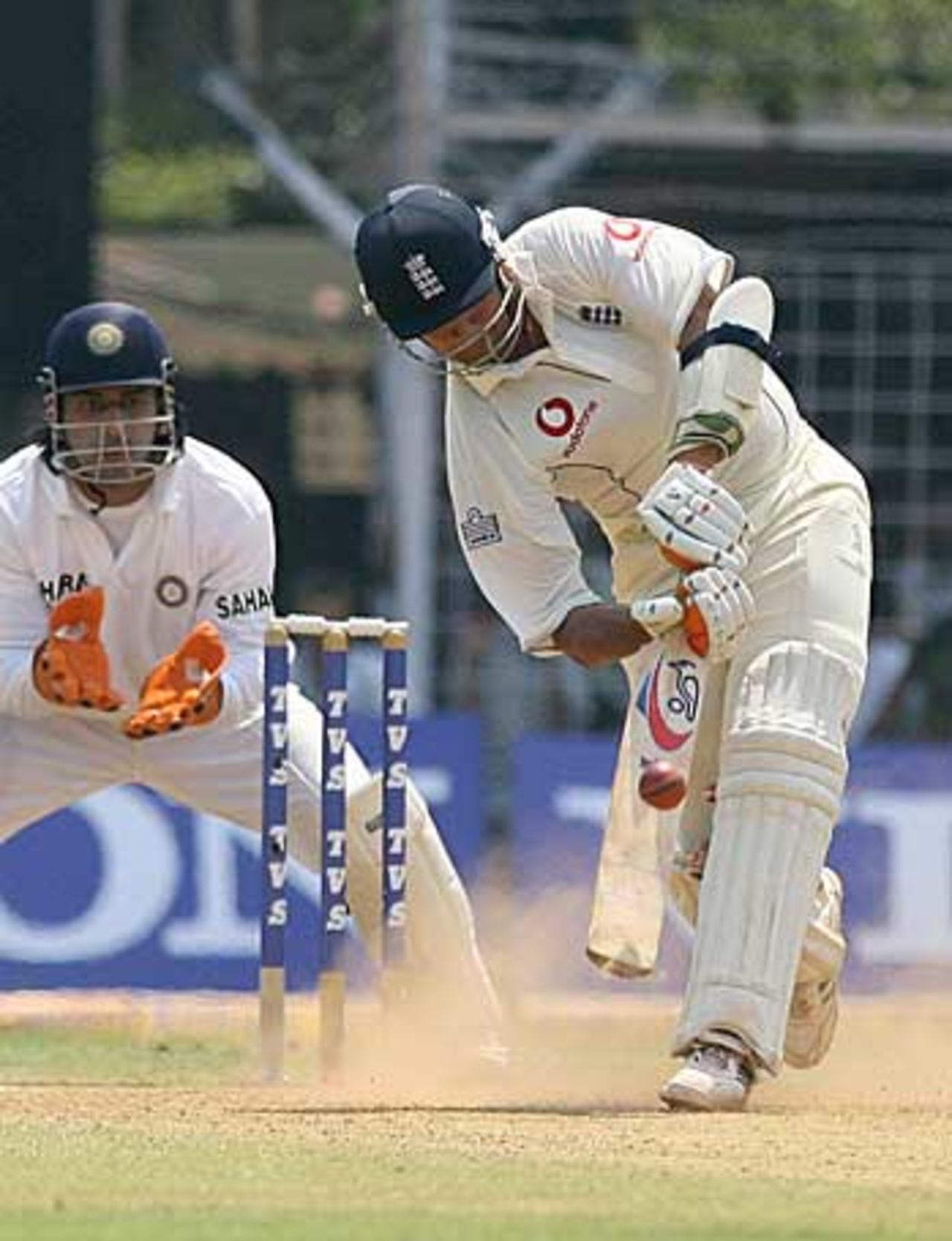 Owais Shah shuffles down the pitch during his 88, India v England, 3rd Test, Mumbai, 2nd day, March 19 2006