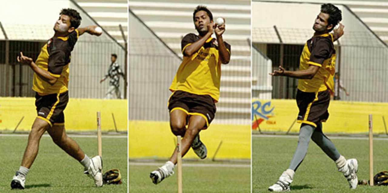 Mashrafe Mortaza, Syed Rasel and Shahadat Hossain go through their paces, ahead of the second ODI between Bangladesh and Kenya, Khulna, March 19, 2006