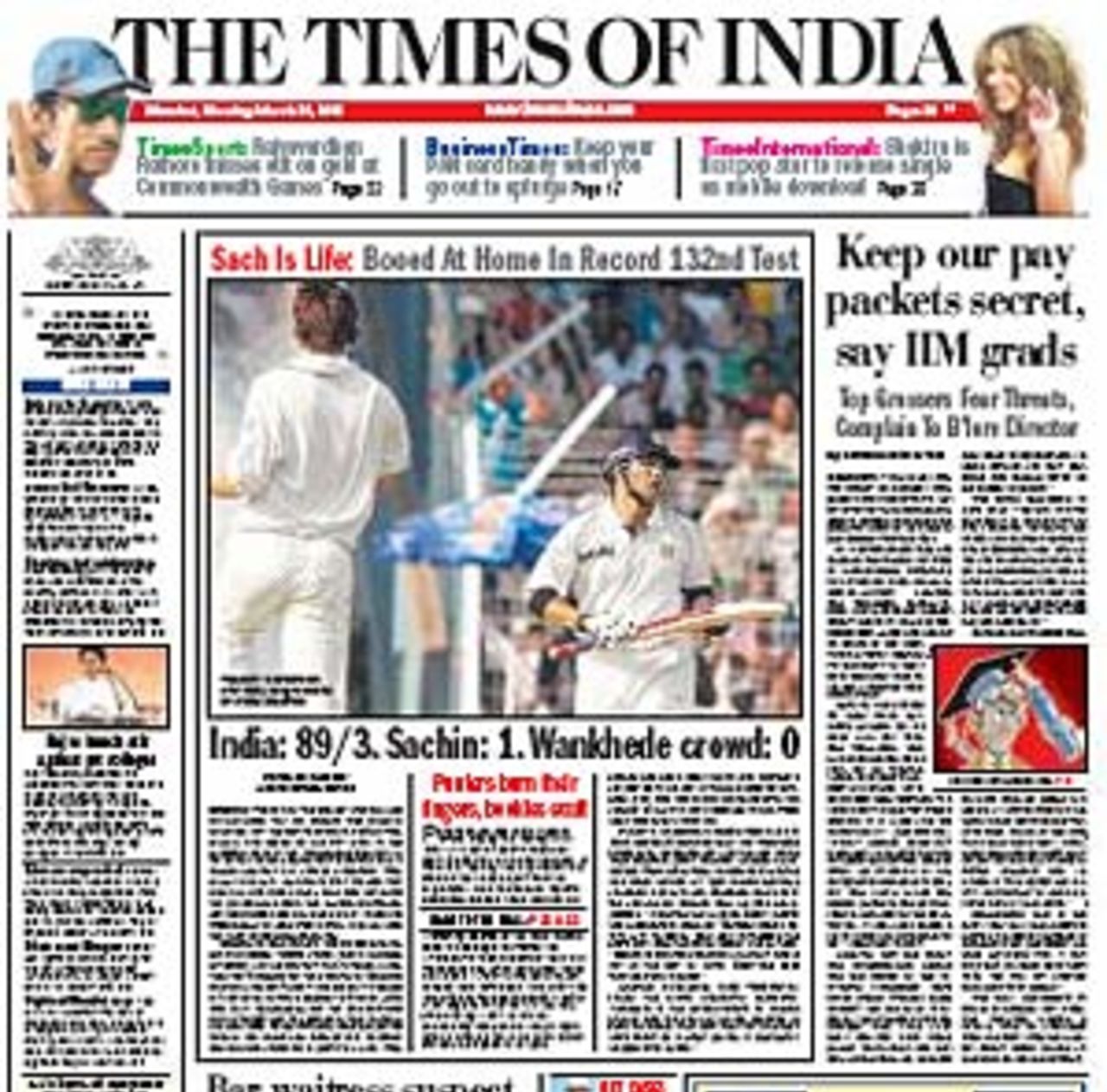 Front page of the <I>Times of India</I> re Sachin Tendulkar being booed, March 20, 2006