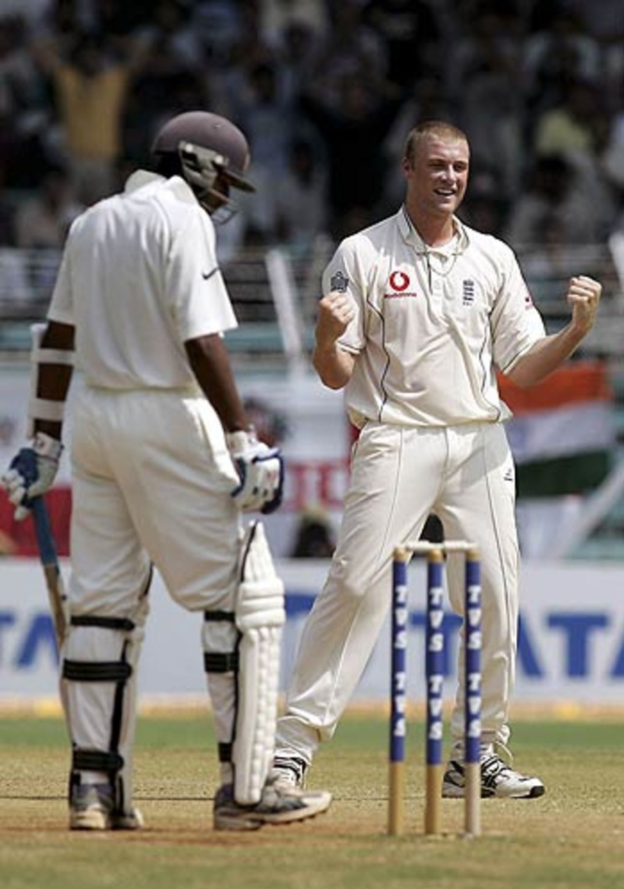 Andrew Flintoff reacts after trapping Wasim Jaffer lbw on the fifth morning, India v England, 3rd Test, Mumbai, March 22, 2006
