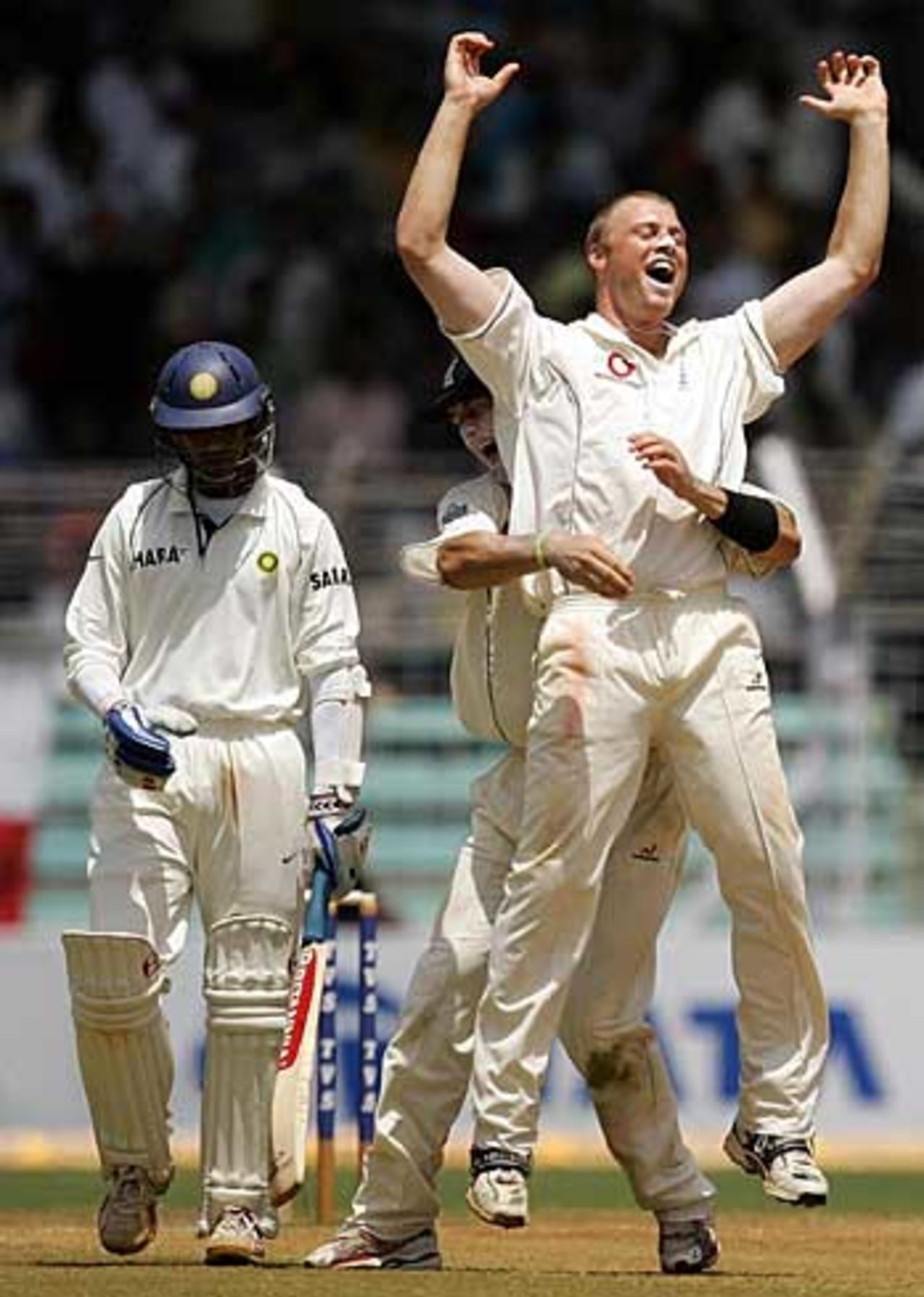 Andrew Flintoff celebrates the wicket of Rahul Dravid, India v England, 3rd Test, Mumbai, March 22, 2006