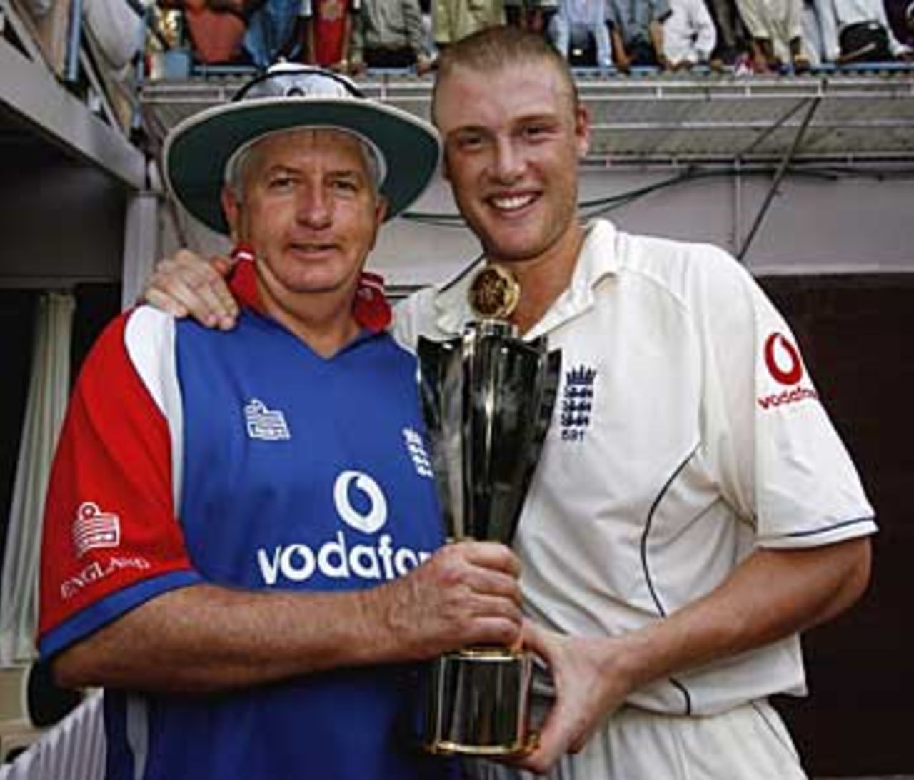 Captain and coach with the series trophy: Duncan Fletcher and Andrew Flintoff show their delight, India v England, 3rd Test, Mumbai, March 22, 2006