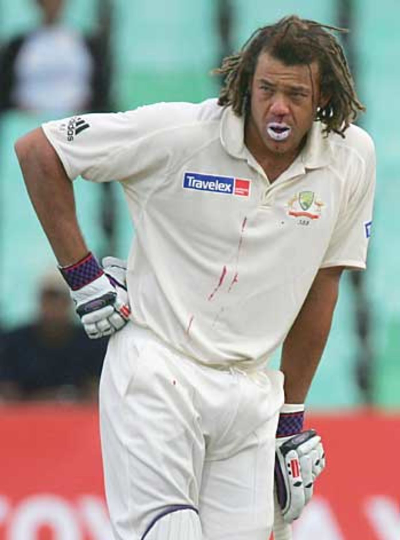 Nasty blow, that. Andrew Symonds is struck on the nose, South Africa v Australia, 2nd Test, 1st day, Durban, March 24, 2006