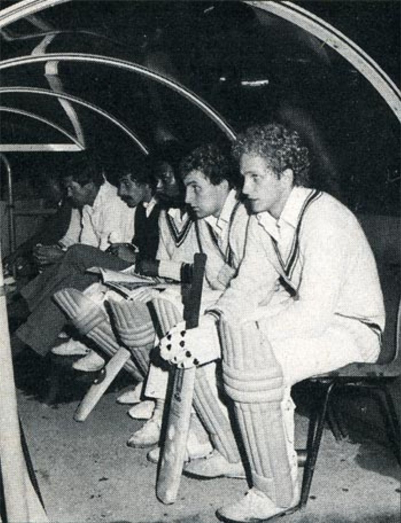 David Gower, Gordon Parsons, Andy Roberts and Chris Balderstone wait to bat during a floodlit Lambert & Butler match at Stamford Bridge, September 17, 1981