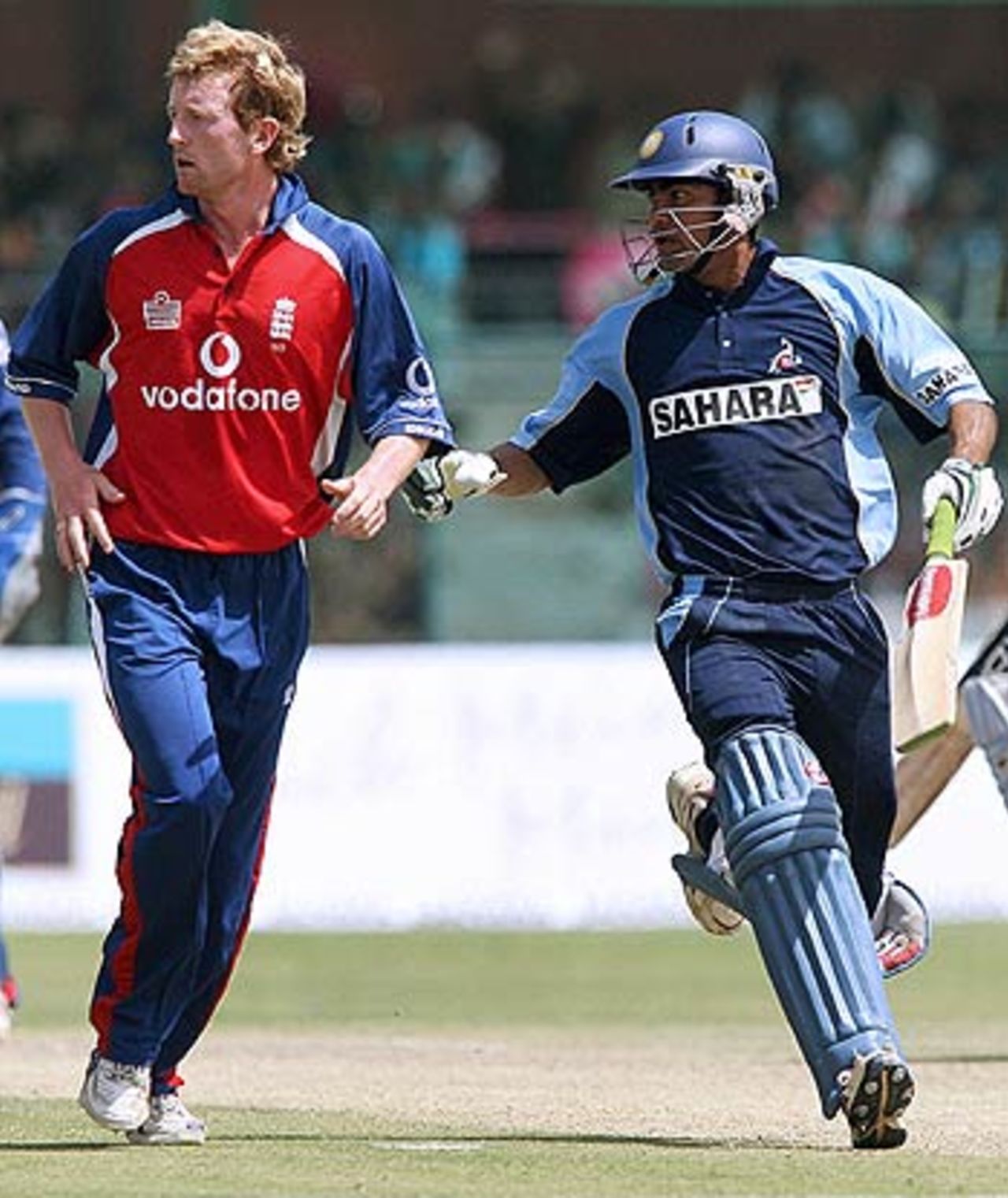 Mohammad Kaif takes a single off Paul Collingwood during the tour match at Jaipur, Rajasthan Cricket Association President's XI v England XI, Jaipur, March 25, 2006