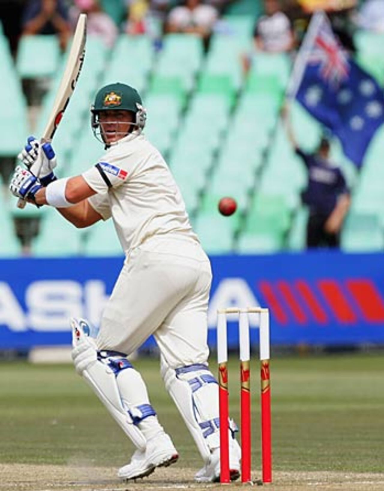 Shane Warne glances a boundary fine as he provides some vital late-order runs for Australia's total, South Africa v Australia, 2nd Test, Durban, March 25, 2006