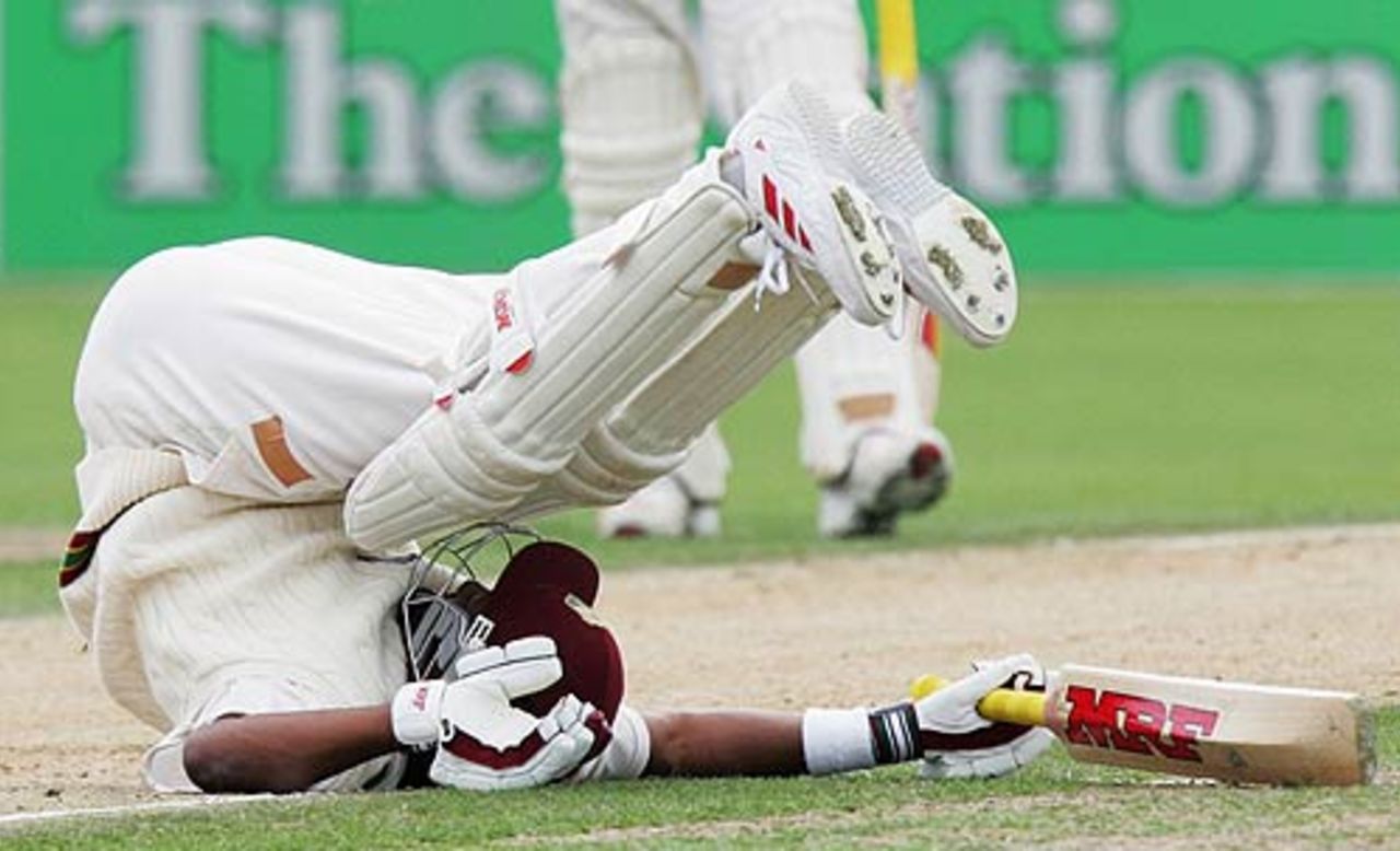 Brian Lara is felled by a Shane Bond bouncer on the second day at Napier, New Zealand v West Indies, 3rd Test, Napier, 2nd day, March 26, 2006