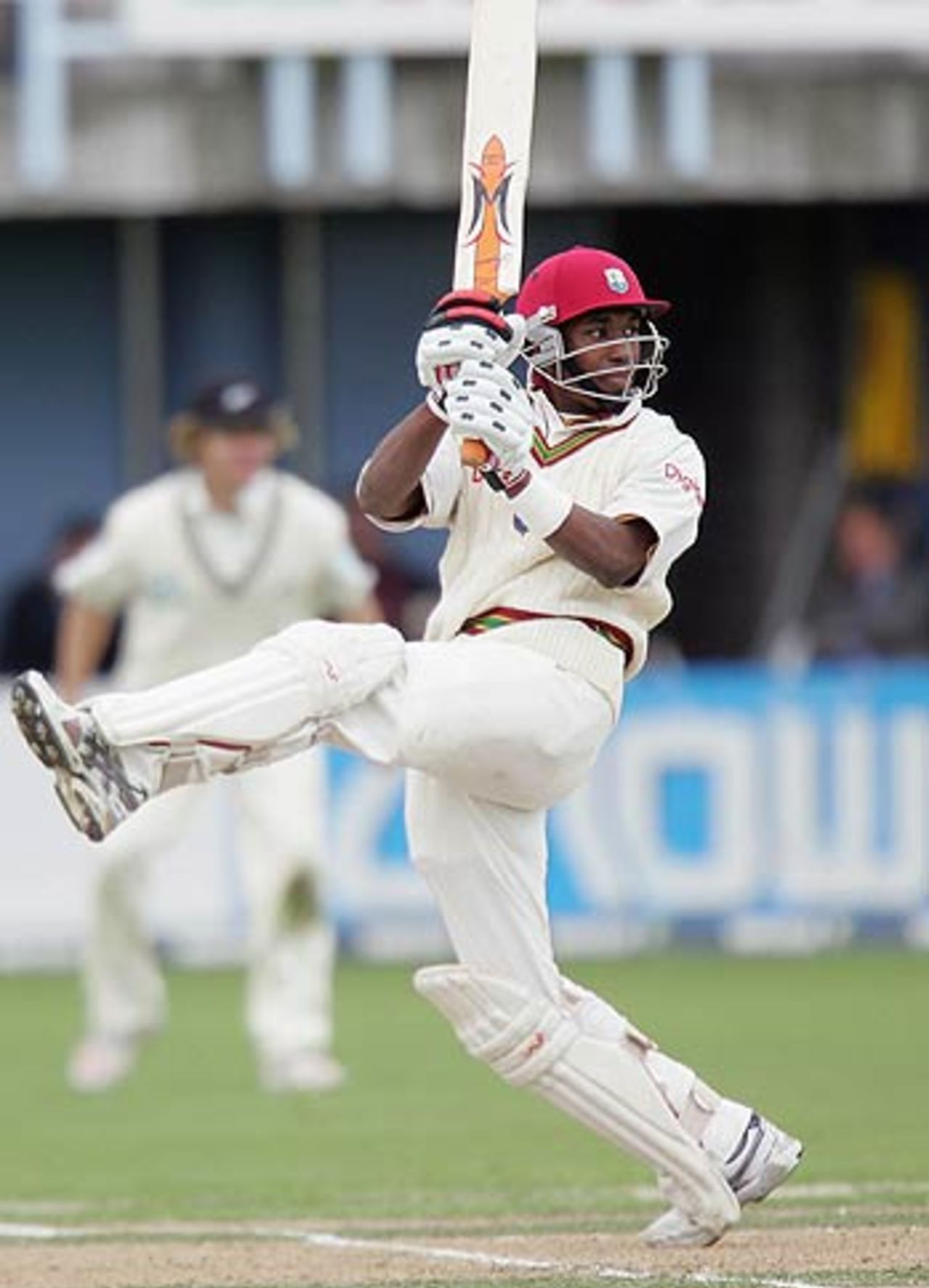 Dwayne Bravo collects a boundary during his unbeaten 22, New Zealand v West Indies, 3rd Test, Napier, 2nd day, March 26, 2006