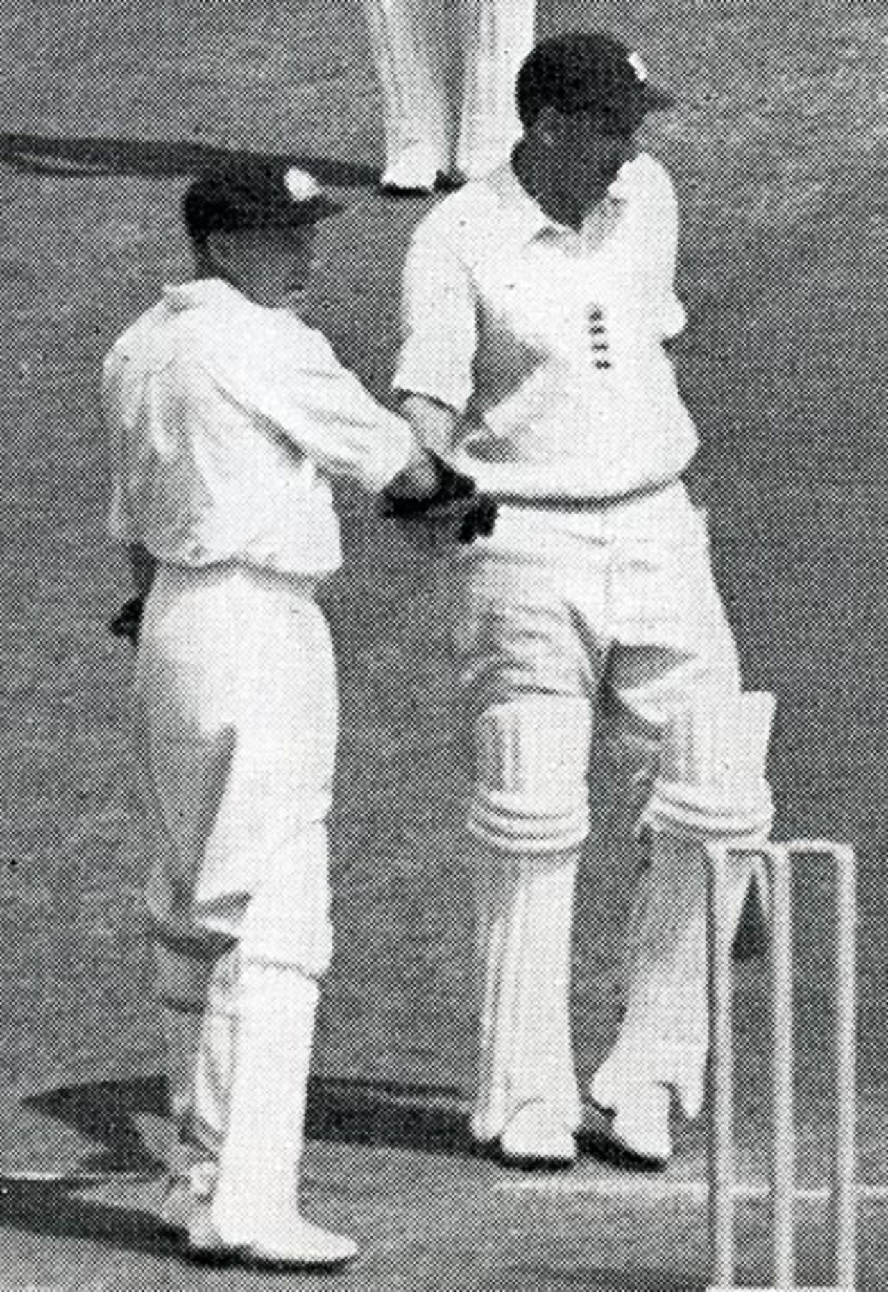 Raman Subba Row is congratulated by Wally Grout on reaching his hundred, England v Australia, Edgbaston, 1961