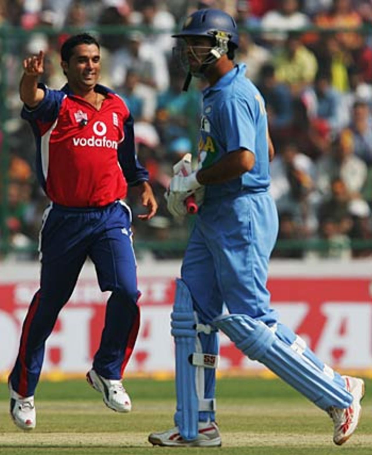 Kabir Ali celebrates dismissing Yuvraj Singh for 1, India v England, 1st ODI,  Delhi, March 28, 2006