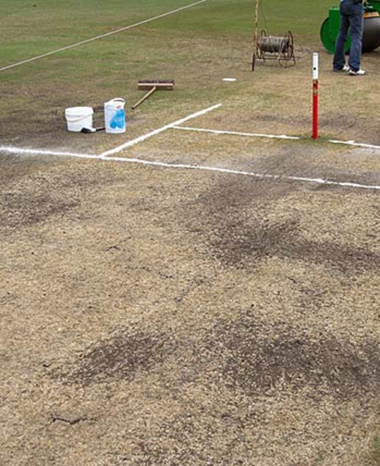 The controversial area of the pitch that was repaired overnight
after play on the third day. The big crack in bottom left is the area in question, South Africa v Australia, 2nd Test, Durban, 5th day, March 28, 2006