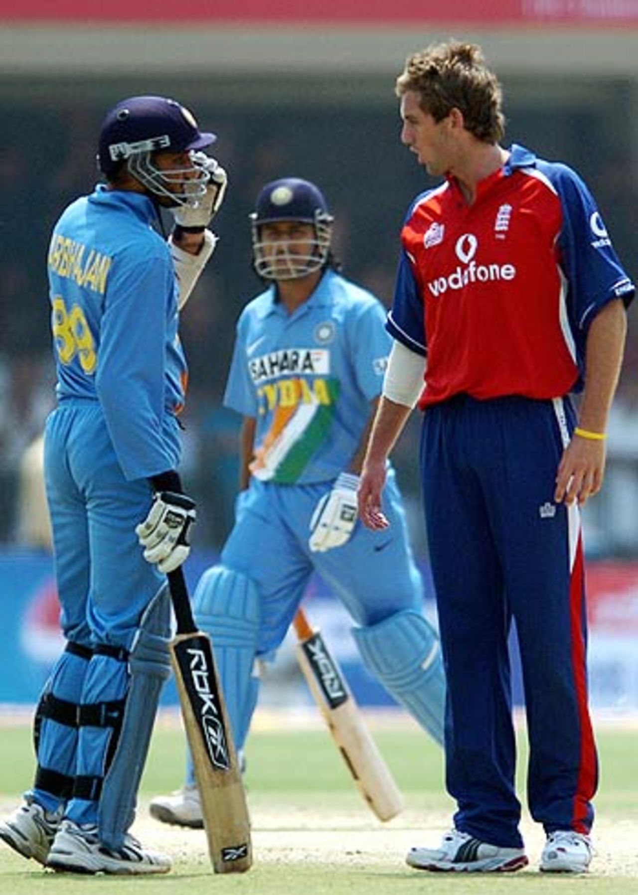 Harbhajan Singh and Liam Plunkett get involved in a mid-pitch confrontation, India v England, 1st ODI, New Delhi, March 28 2006