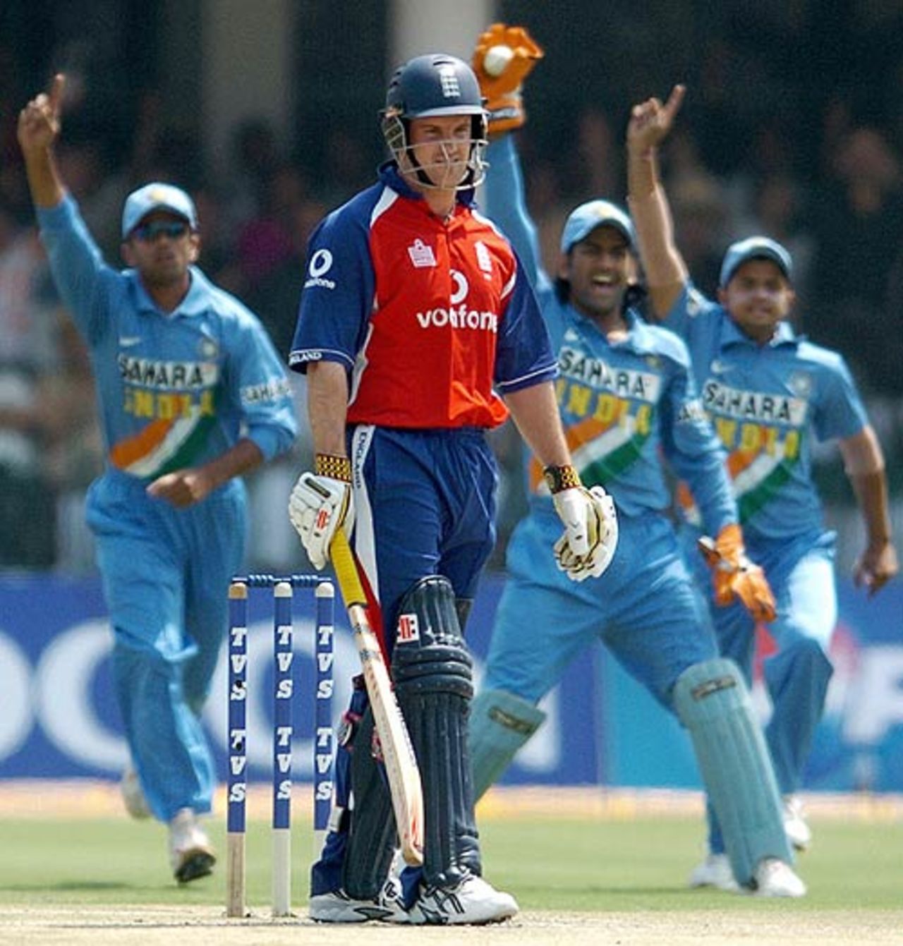 The Indian contingent behind the wicket appeal for the wicket of Andrew Strauss, India v England, 1st ODI, New Delhi, March 28 2006