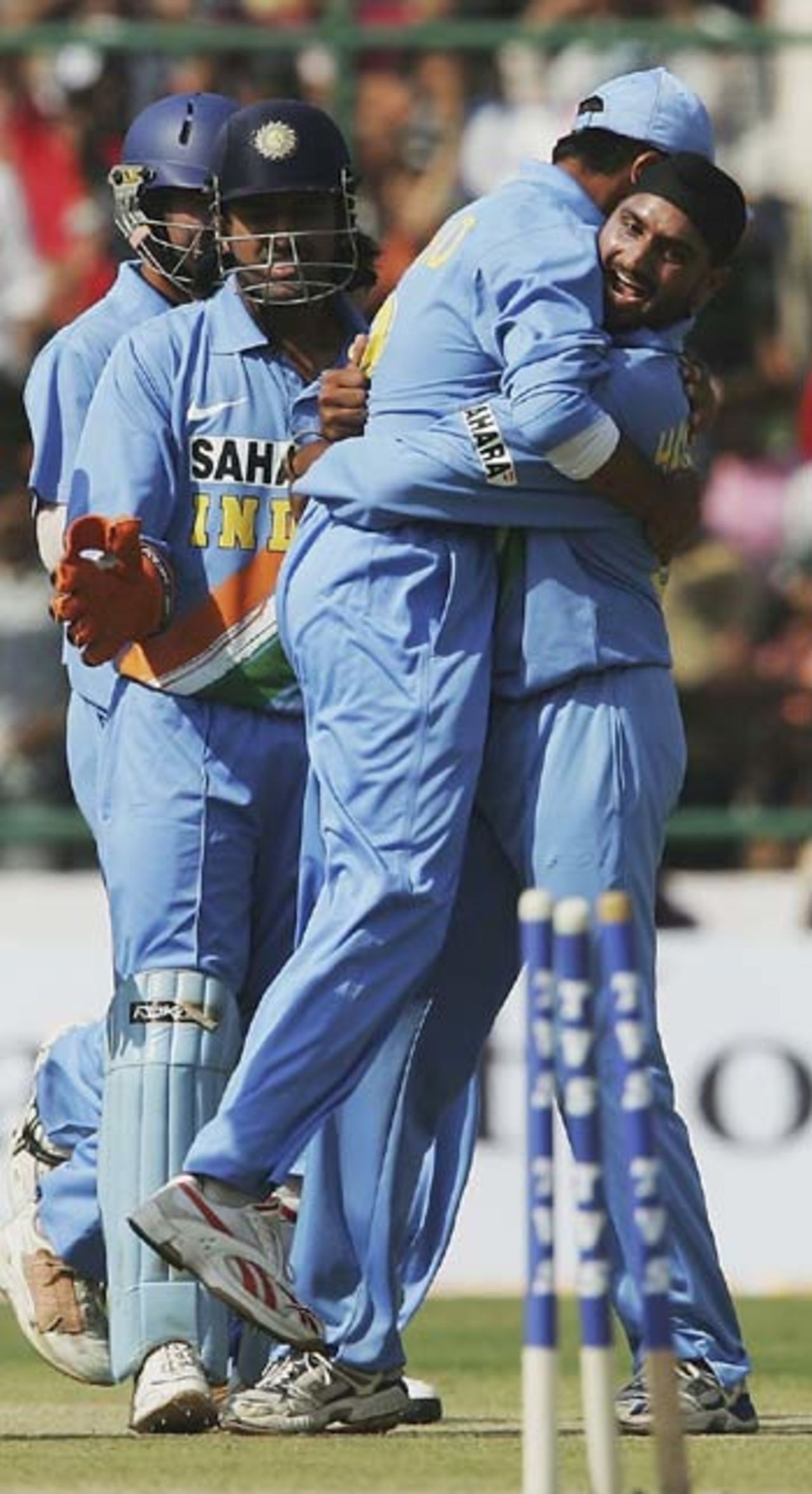 Harbhajan celebrates dismissing Geraint Jones on his way to 5 for 31, India v England, 1st ODI, New Delhi, March 28 2006
