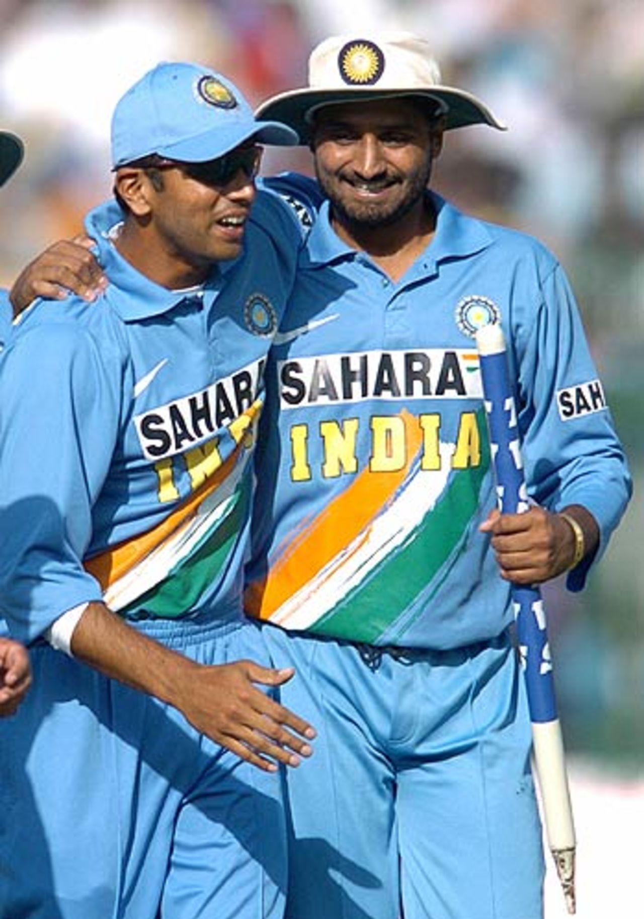 Rahul Dravid and Harbhajan Singh savour the moment, India v England, 1st ODI, New Delhi, March 28 2006