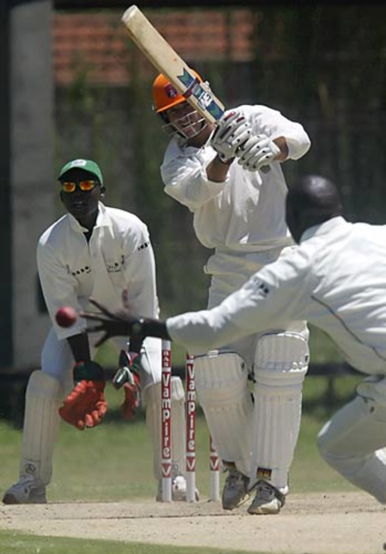 Daan van Bunge drives the ball just wide of the bowler during his hardworking 32, Kenya v Netherlands, Intercontinental Cup, Nairobi, March 29, 2006