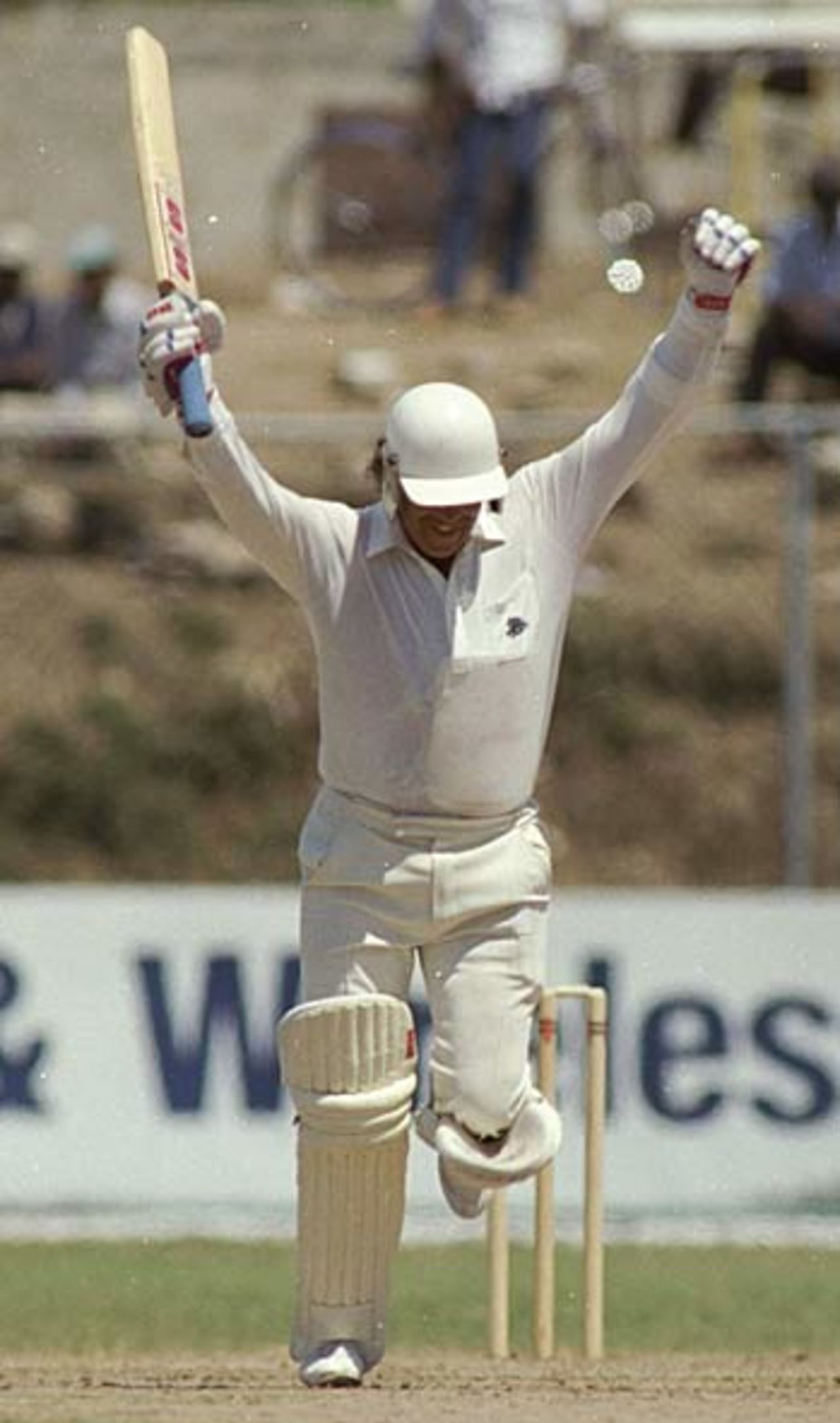 Wayne Larkins celebrates hitting the winning runs, West Indies v England, Kingston, March 1, 1990