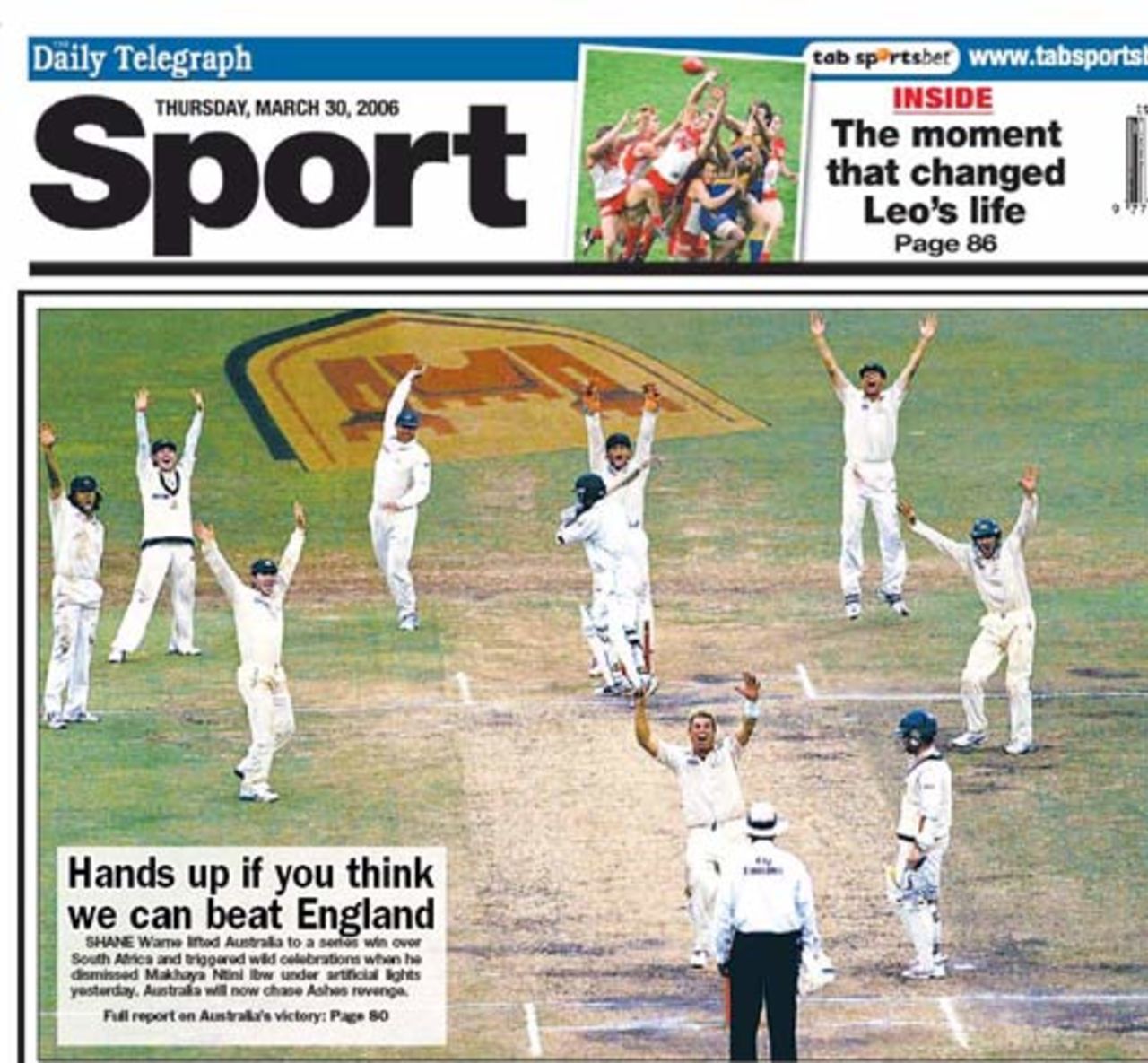 The back page of Sydney's <I>Daily Telegraph</I> celebrates Australia's win at Durban, March 30, 2006