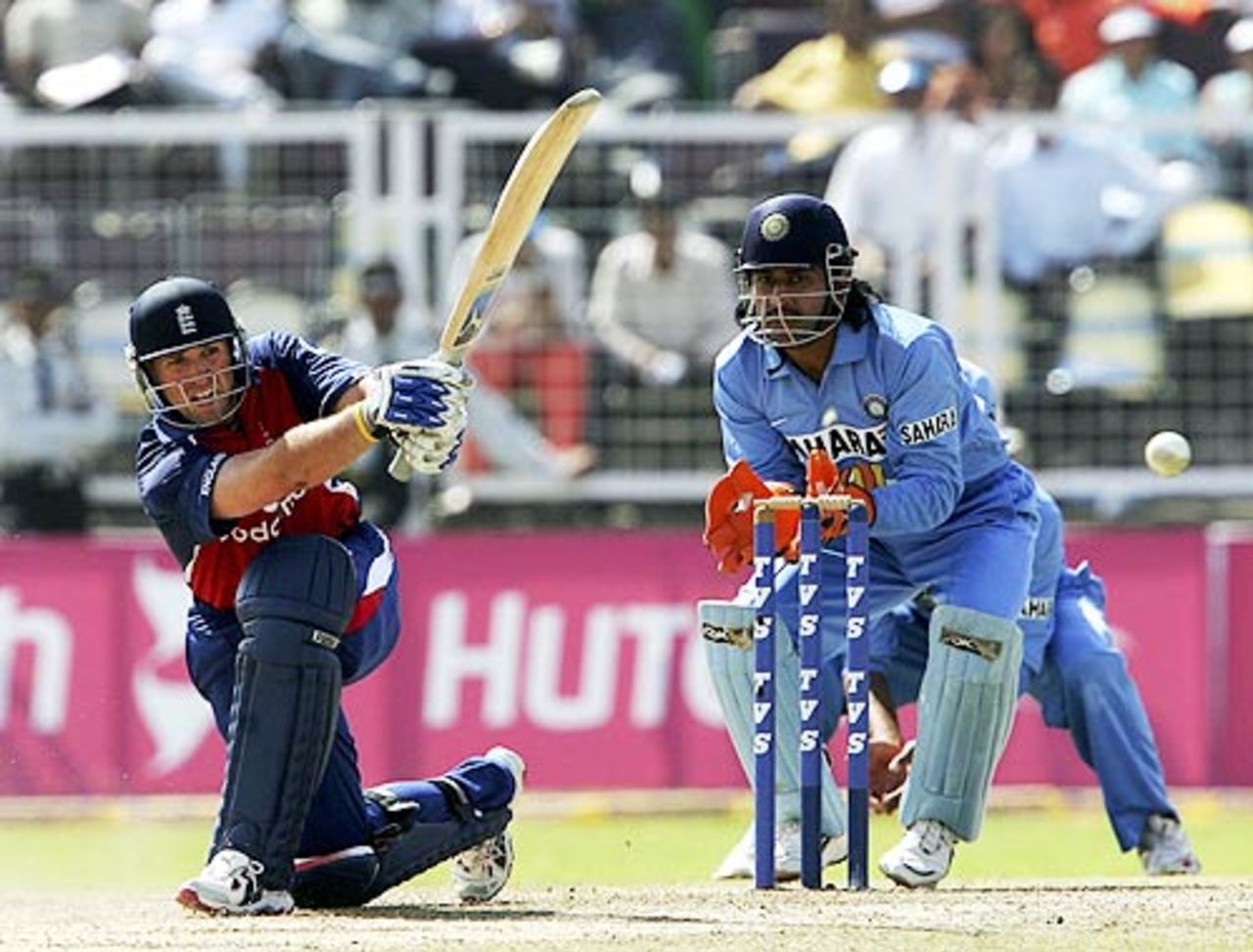 Mahendra Singh Dhoni looks on as Matt Prior attacks, India v England, 2nd ODI, Faridabad, March 31, 2006