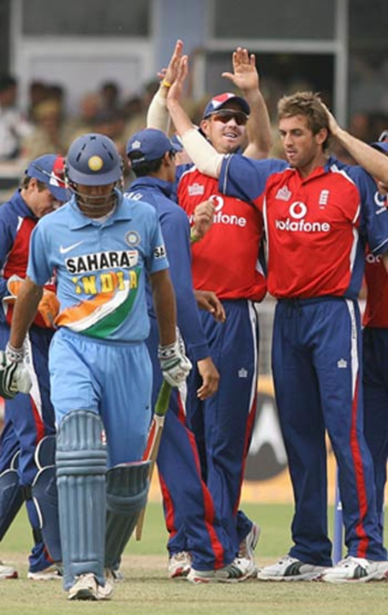 High-fives for Liam Plunkett after the fall of Mohammad Kaif, India v England, 2nd ODI, Faridabad, March 31, 2006