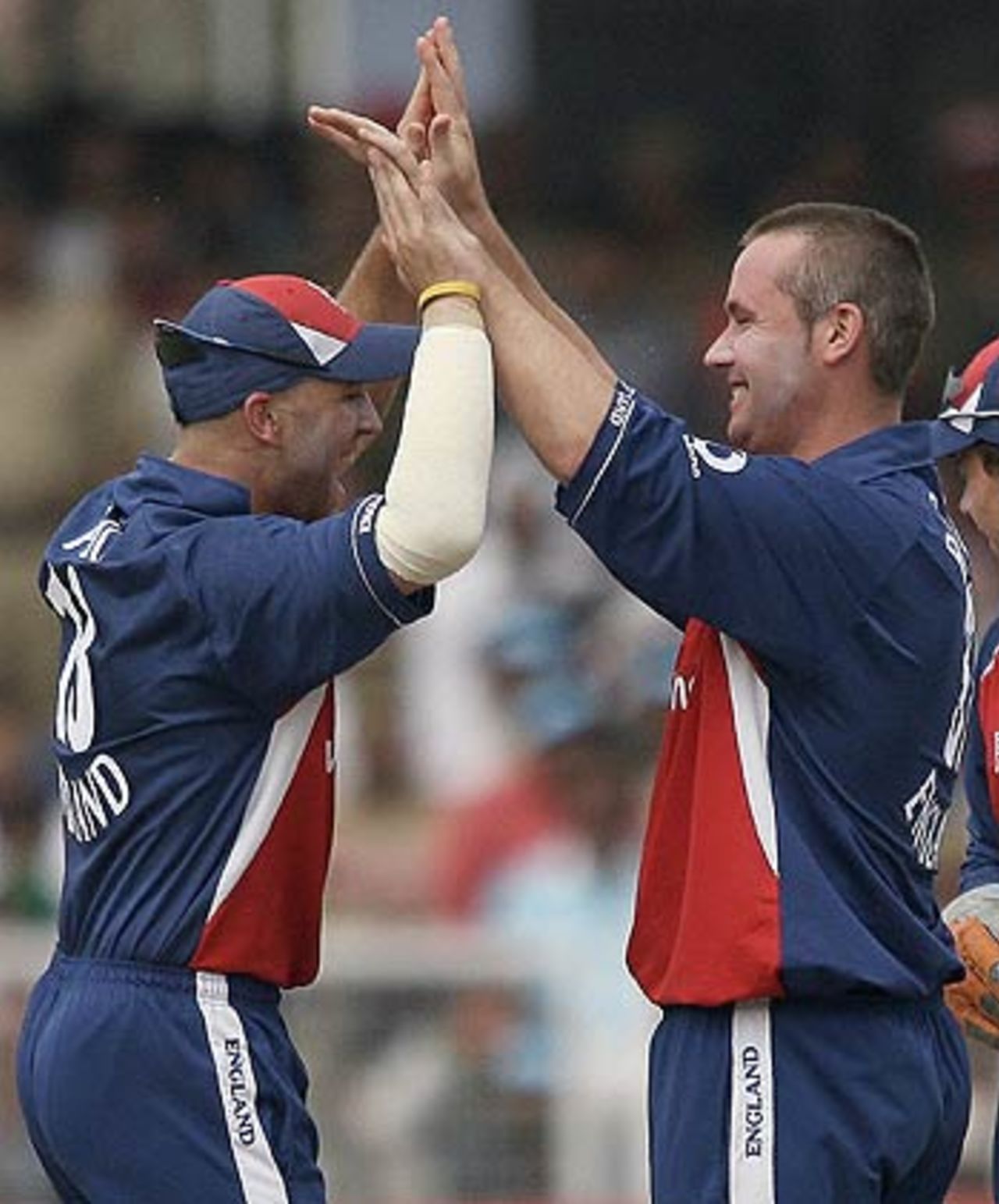 Matt Prior and Ian Blackwell celebrate the wicket of Virender Sehwag, India v England, 2nd ODI, Faridabad, March 31, 2006