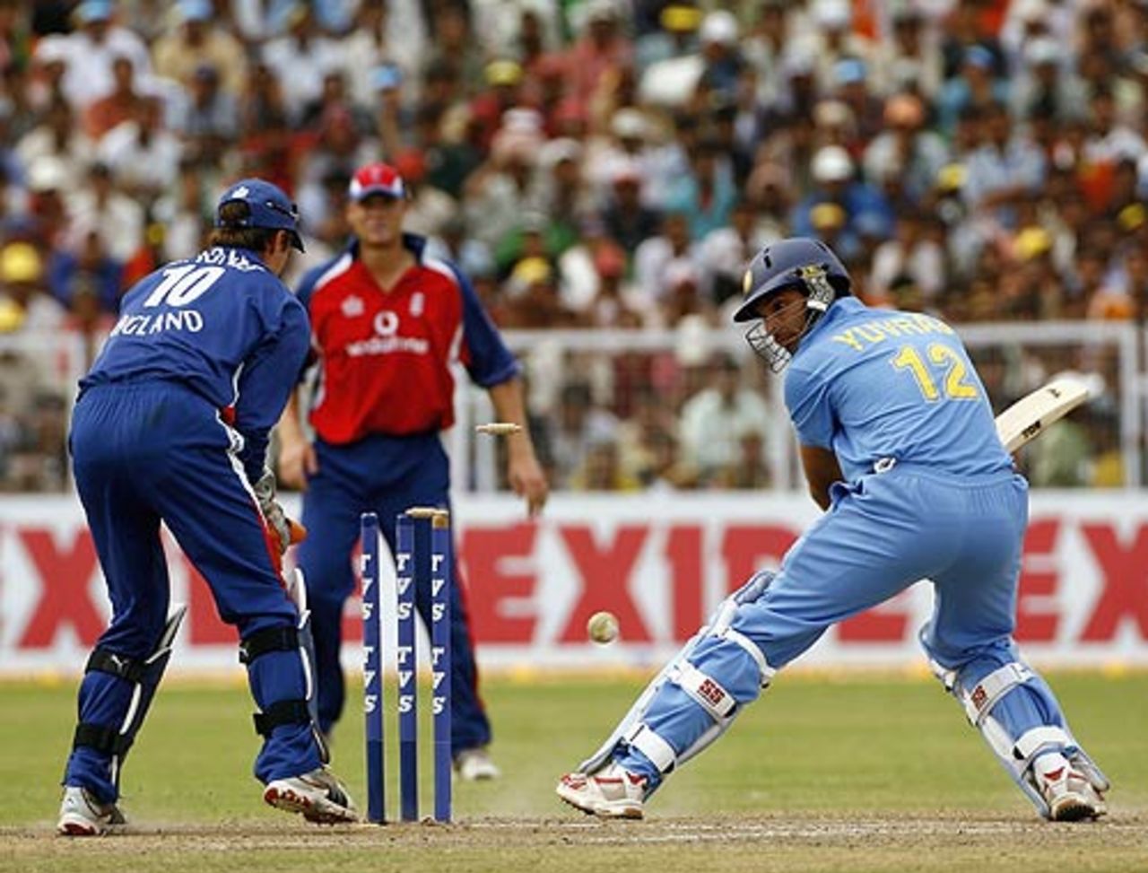 Yuvraj Singh looks back to see the furniture rearranged, India v England, 2nd ODI, Faridabad, March 31, 2006