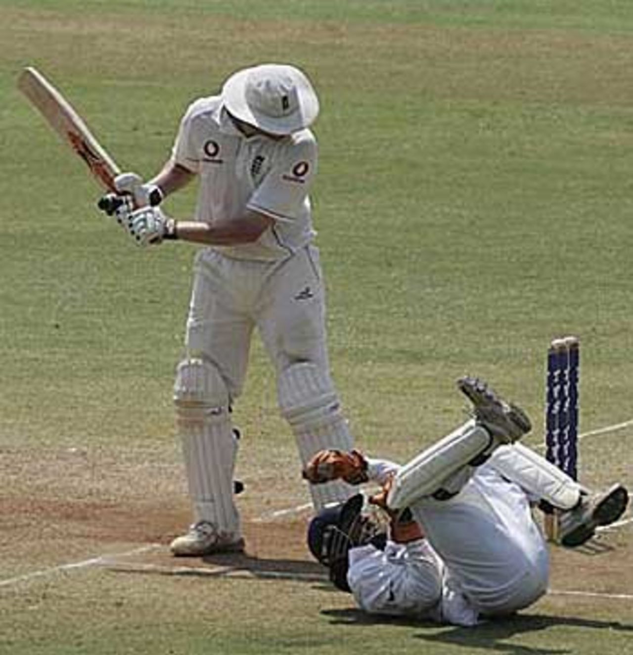 Andrew Flintoff survives a stumping chance by Mahendra Singh Dhoni as England slowly built their lead on the fourth day, India v England, 3rd Test, Mumbai, March 21, 2006