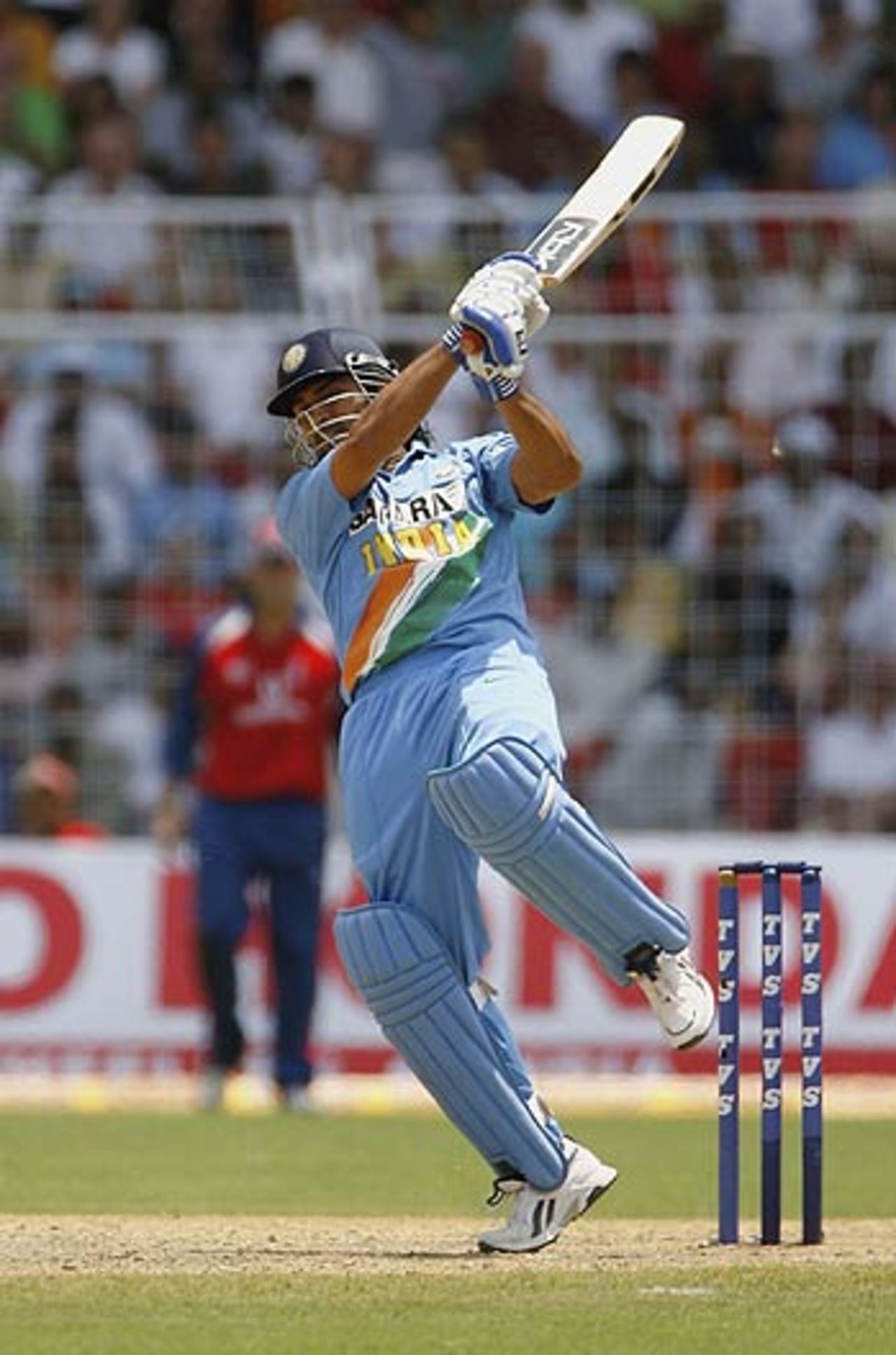Mahendra Singh Dhoni launches into a six, India v England, 3rd ODI, Goa, April 3, 2006