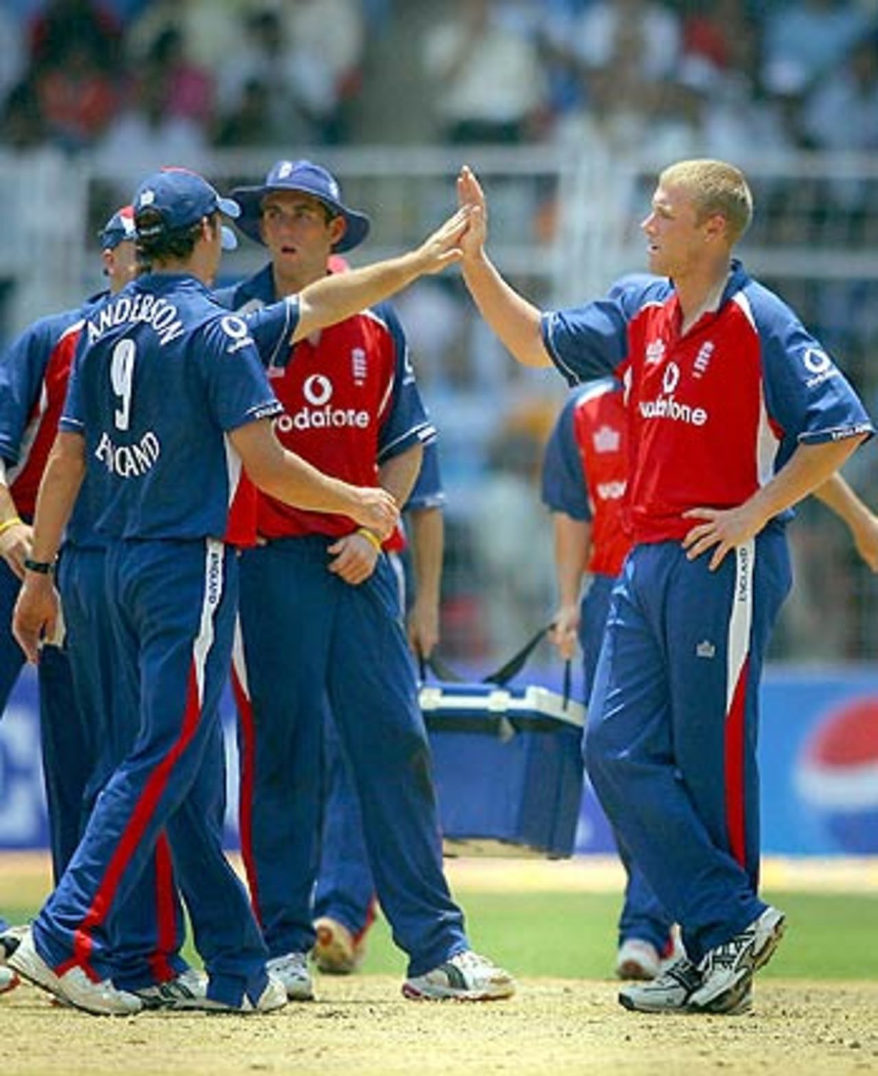 Andrew Flintoff and England celebrate a strike, India v England, 3rd ODI, Goa, April 3, 2006