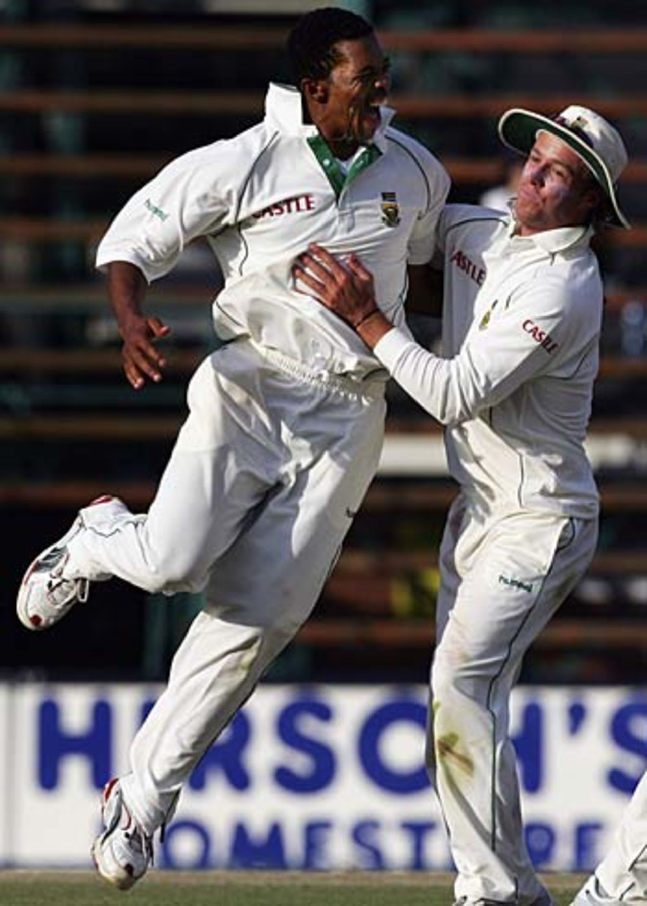A delighted Makhaya Ntini celebrates the first-ball dismissal of Adam Gilchrist, South Africa v Australia, 3rd Test, Johannesburg, April 3, 2006