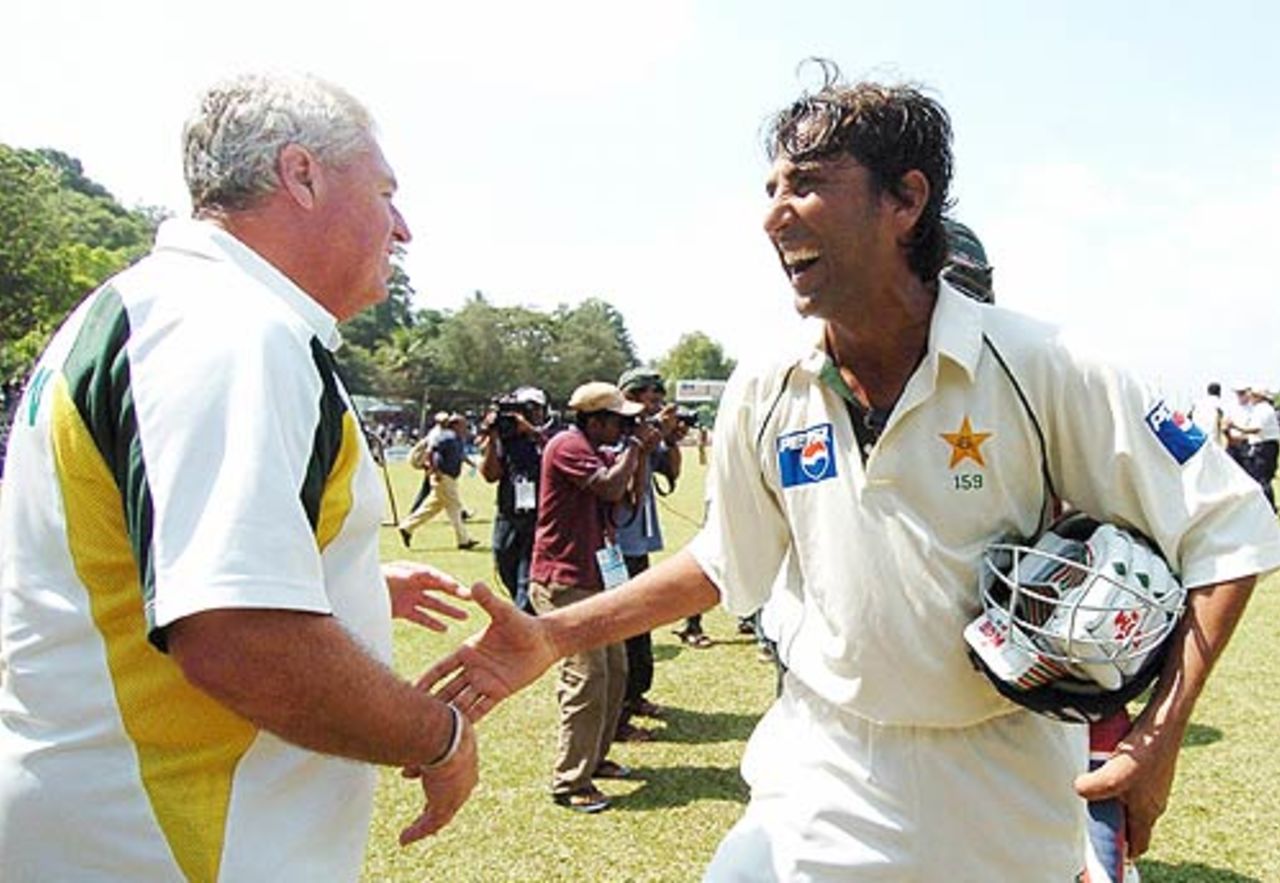 Younis Khan and Bob Woolmer after Pakistan won the Kandy Test, Sri Lanka v Pakistan, 2nd Test, Kandy, 3rd day, April 5, 2006