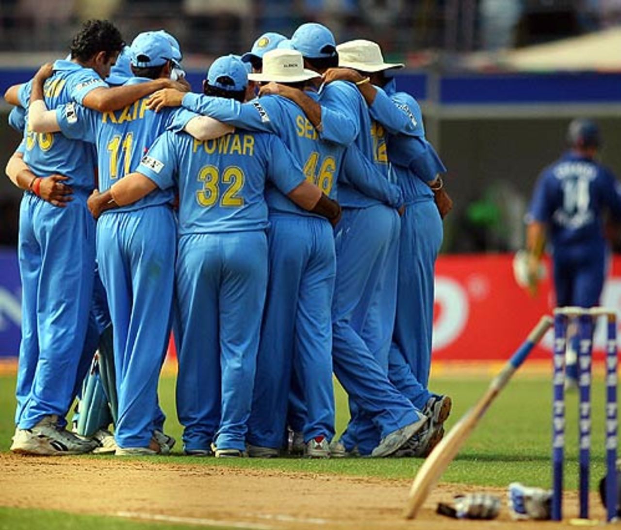 The Indians huddle after the fall of Andrew Strauss, India v England, 4th ODI, Kochi, April 6, 2006