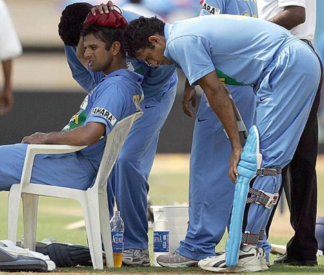 Rahul Dravid and Irfan Pathan rest during drinks, India v England, 4th ODI, Kochi, April 6, 2006