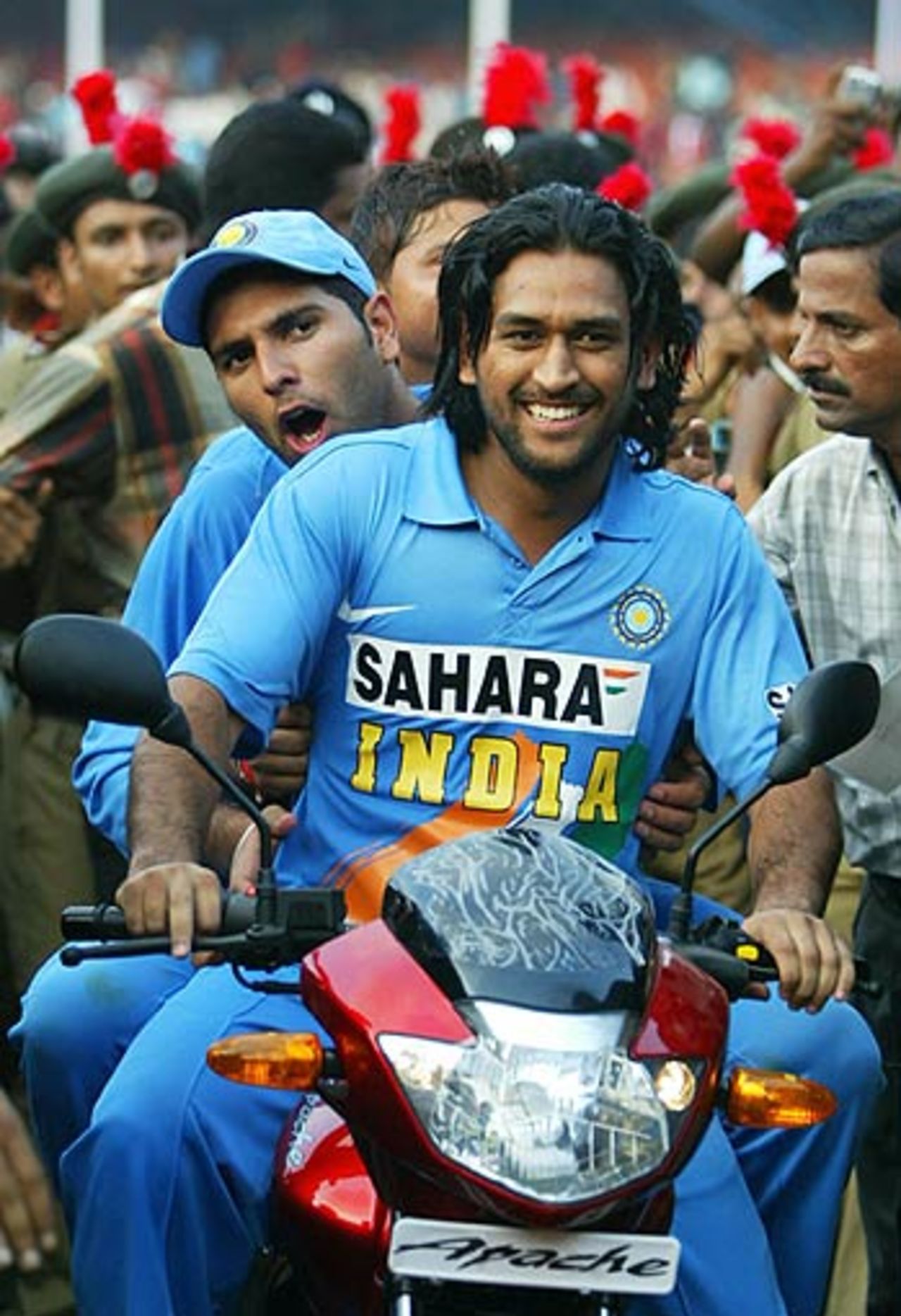 Mahendra Singh Dhoni and Yuvraj Singh take the bike for a spin, India v England, 4th ODI, Kochi, April 6 2006