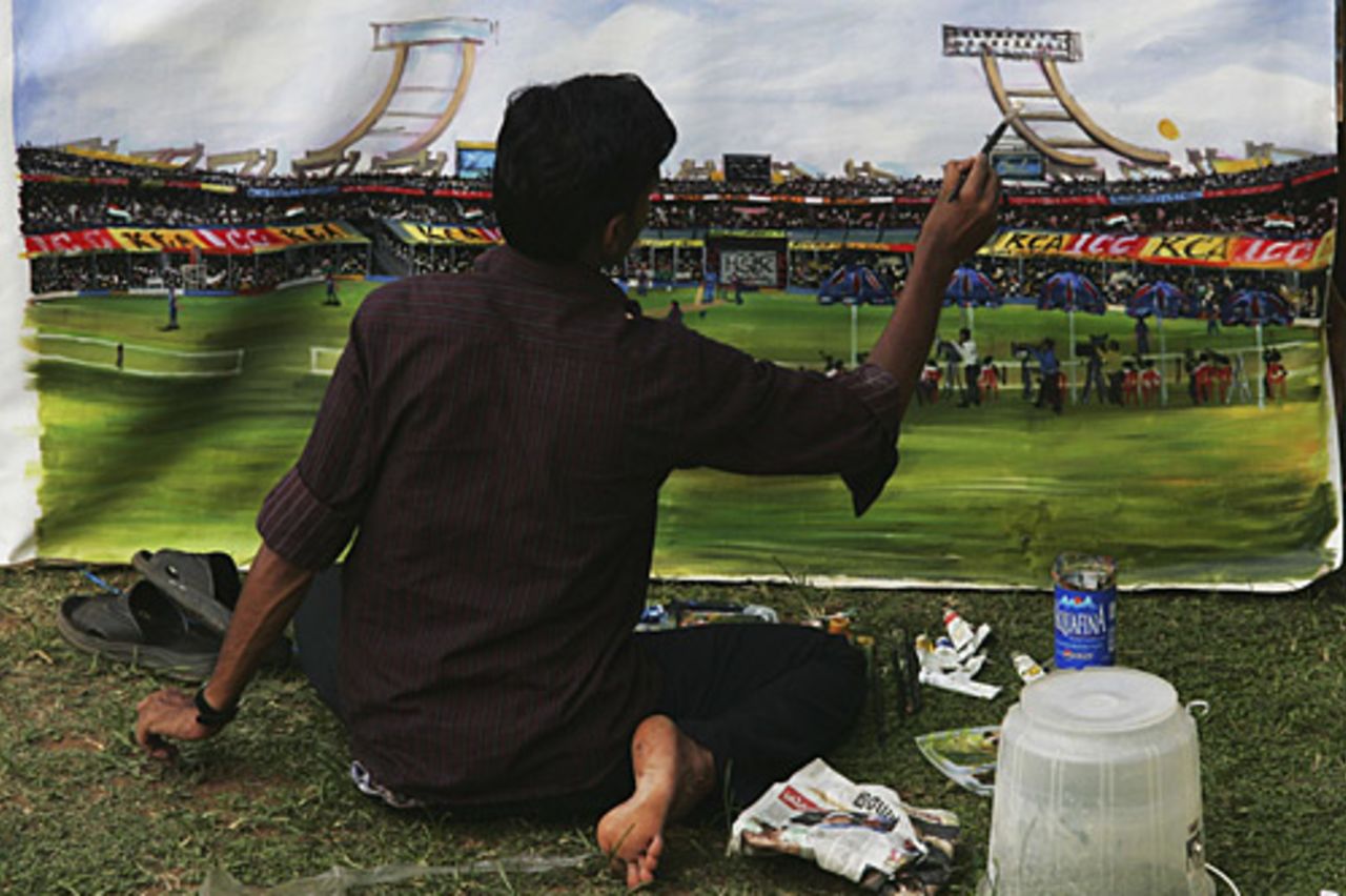 An artist's depiction of proceedings, India v England, 4th ODI, Kochi, April 6 2006