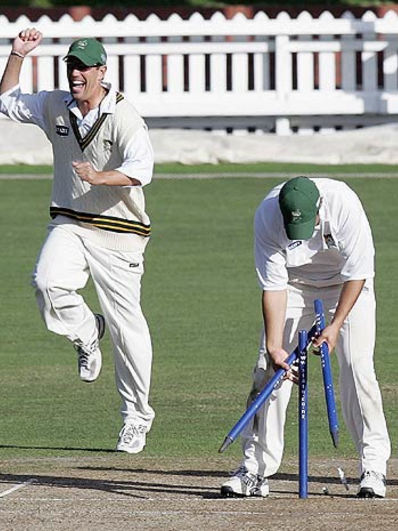 Matthew Sinclair and Min Patel celebrate Central Districts' championship victory, Wellington v Central Districts, State Championship final, Basin Reserve,  April 7, 2006