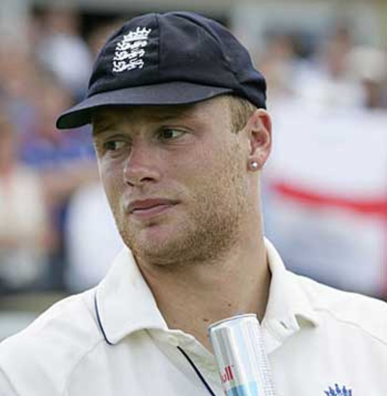Man-of-the-match Andrew Flintoff, with the S.t. George flag in the background, England v Australia, Edgbaston, August 7, 2005