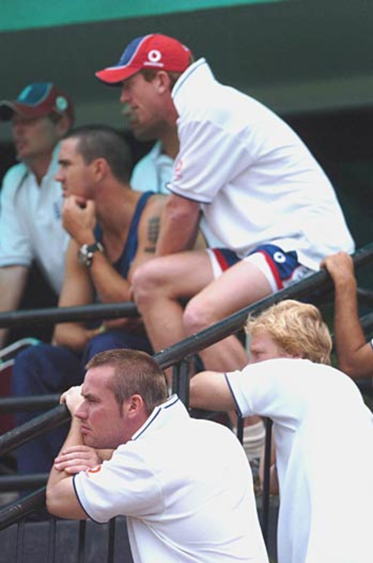 England team look on as violence broke out in the stands, India v England, 5th ODI, Guwahati,  April 9, 2006
