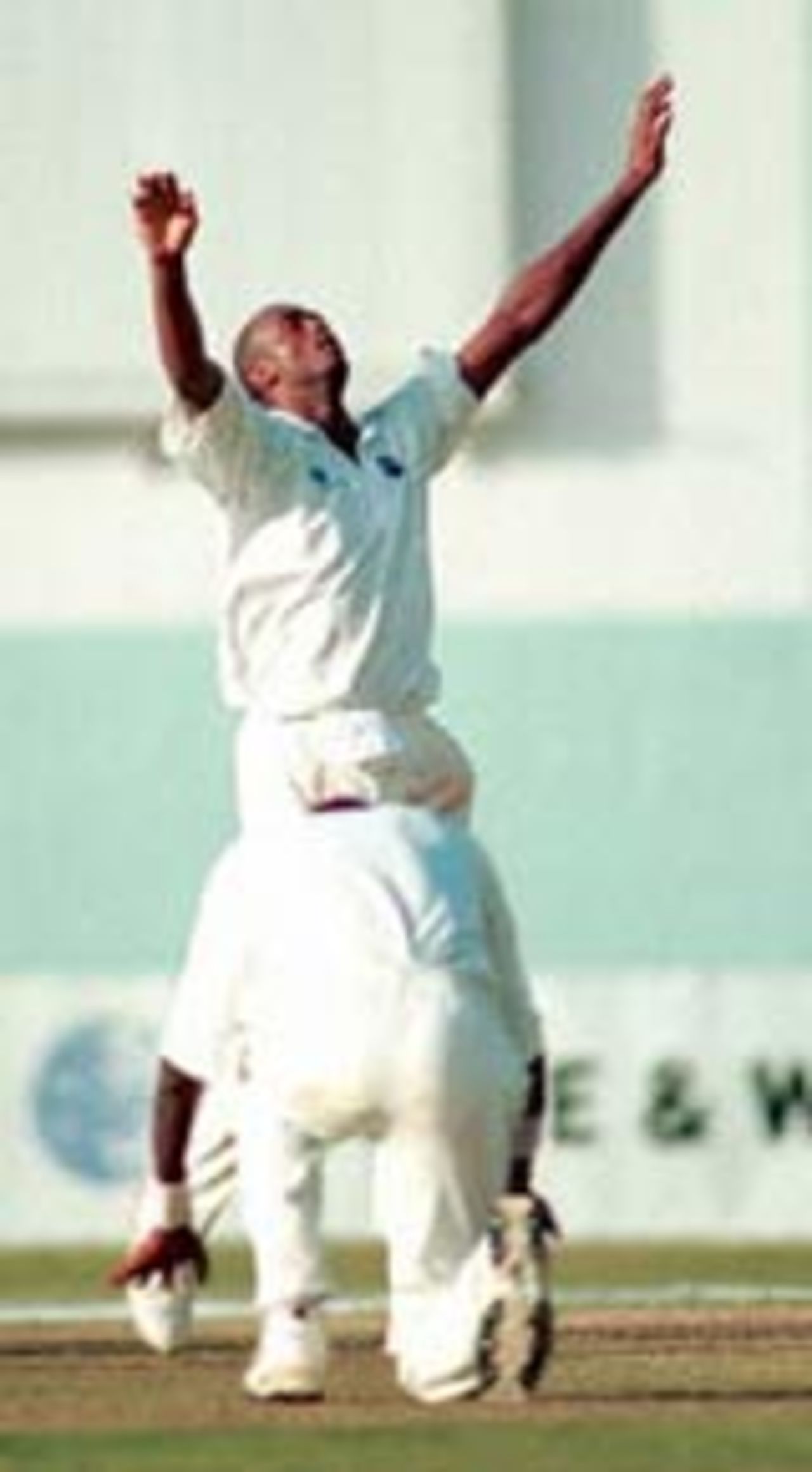 Courtney Walsh celebrates after taking his 435th wicket, breaking the record held by India's Kapil Dev for most number of Test wickets, West Indies v Zimbabwe, Kingston, March 27, 2000