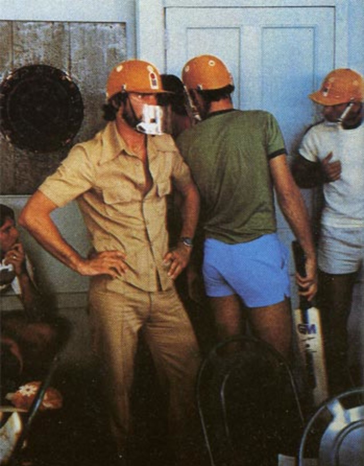Australian players shelter from the riot - from left to right, Jeff Thomson, Kepler Wessels, Rick McCosker and Len Pascoe, WSC West Indies v WSC Australia, Guyana, March 25, 1979