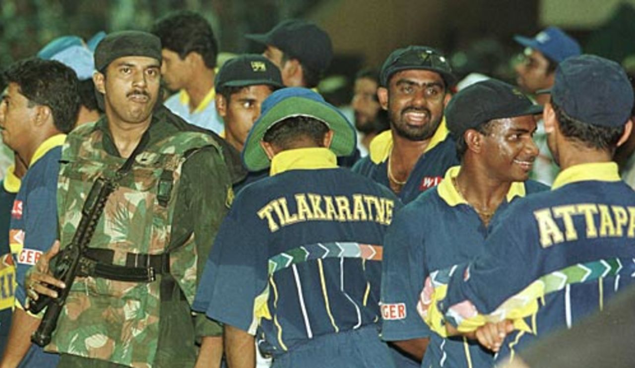 Sri Lanka's mill around awaiting the abandonment of the World Cup semi-final, Sri Lanka v India, Calcutta, March 13, 1996
