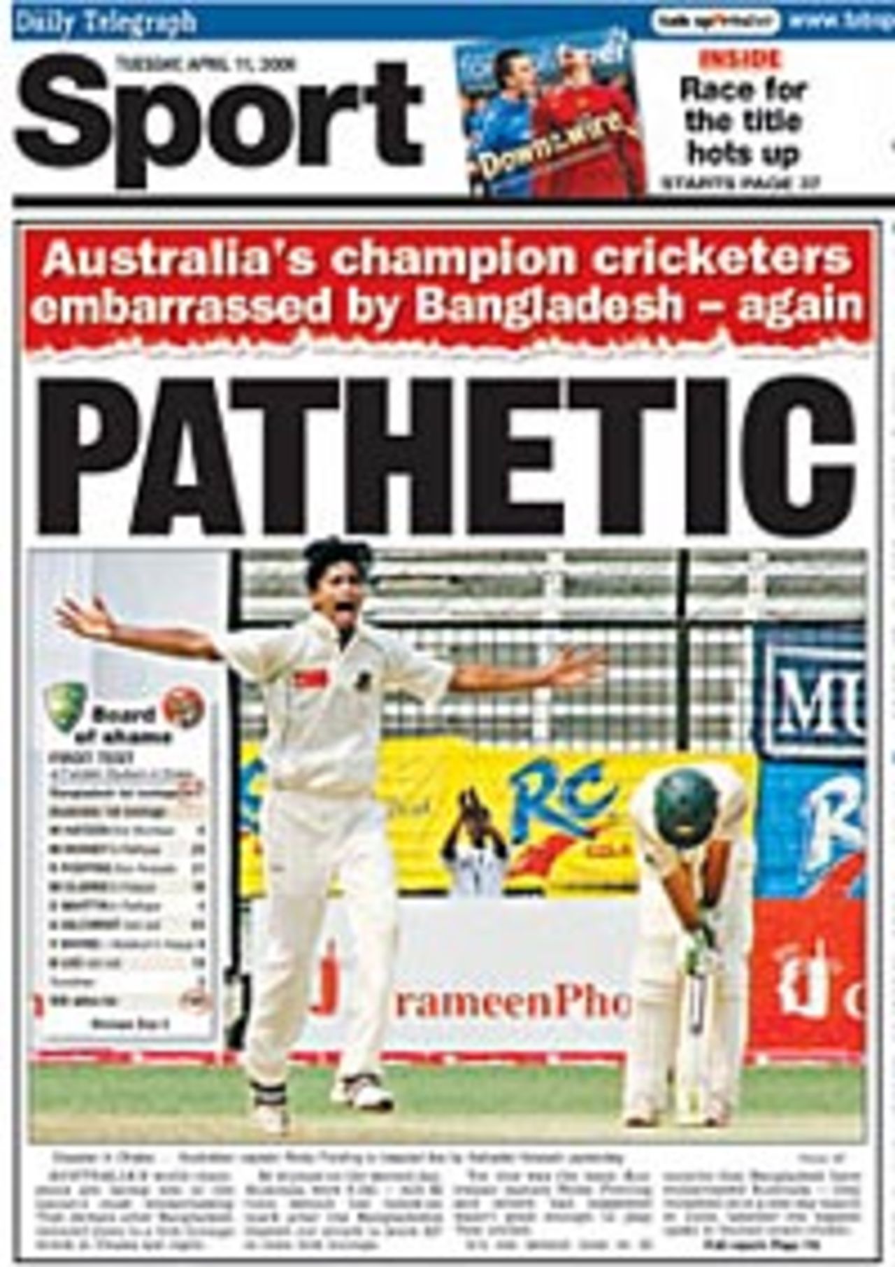 The back page of Sydney's <I>Daily Telegraph</I> sums up the second day at Fatullah, Bangladesh v Australia, 1st Test, Fatullah, April 11, 2006