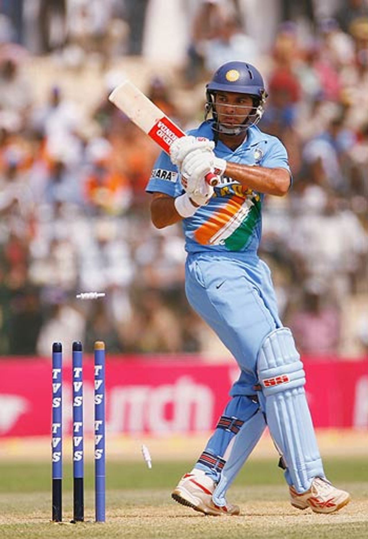 Yuvraj Singh chops one on to his stumps, India v England, 6th ODI, Jamshedpur, April 12, 2006