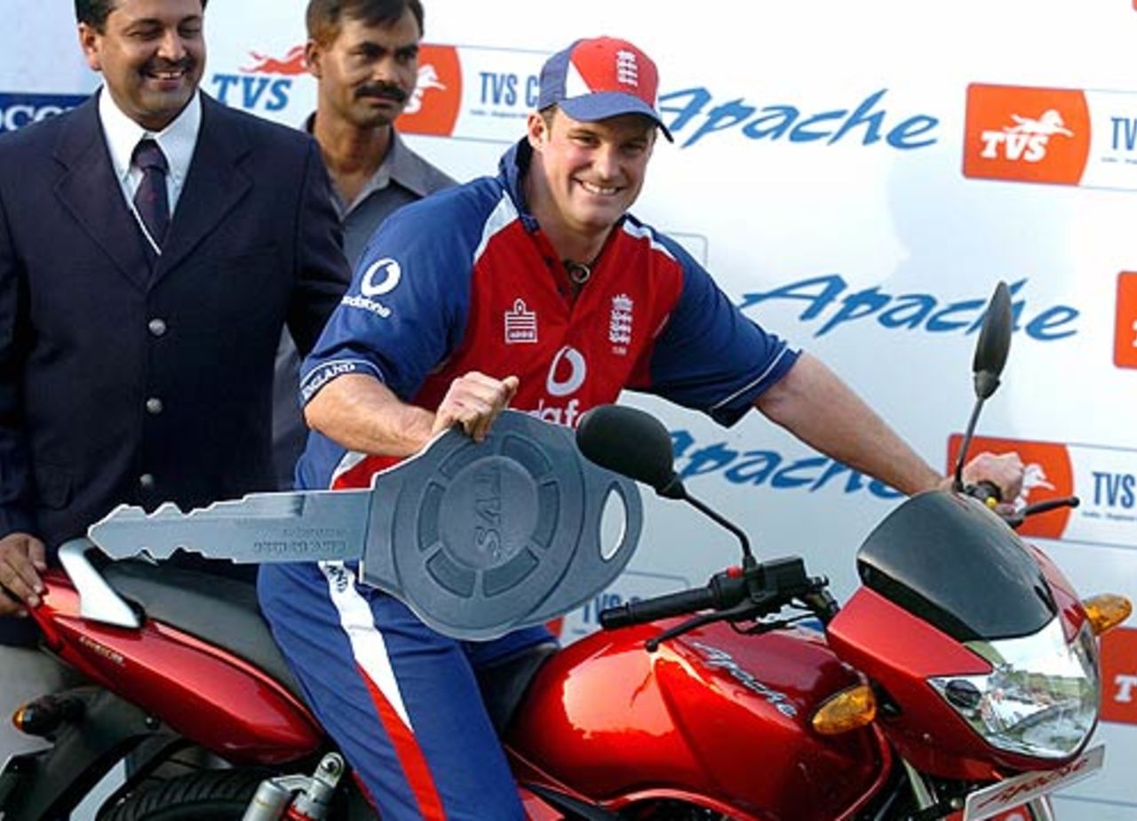 Andrew Strauss sits on his Man-of-the-Match prize, India v England, 6th ODI, Jamshedpur, April 12, 2006