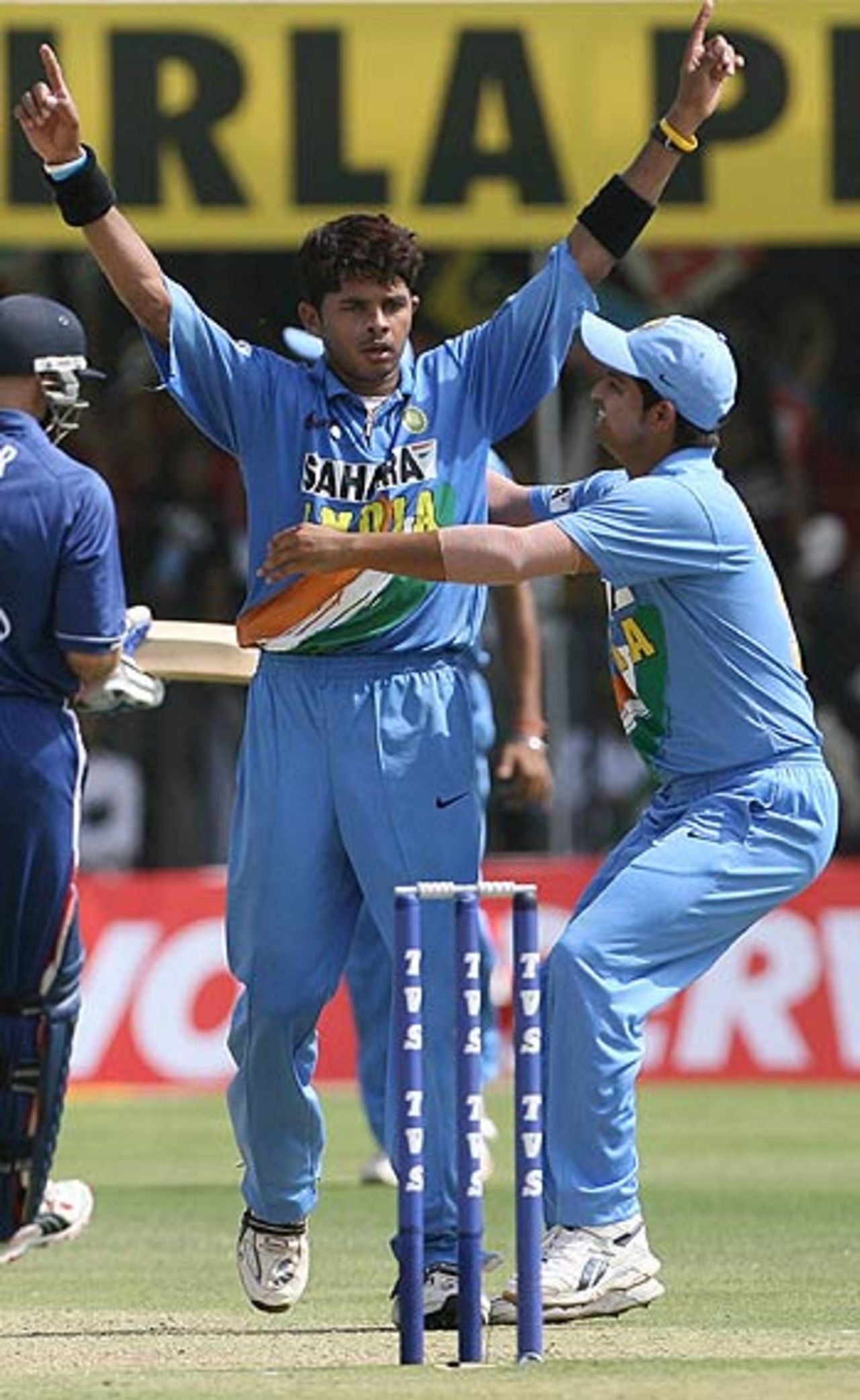 Sreesanth celebrates one of his six wickets, India v England, 7th ODI, Indore, April 15 2006