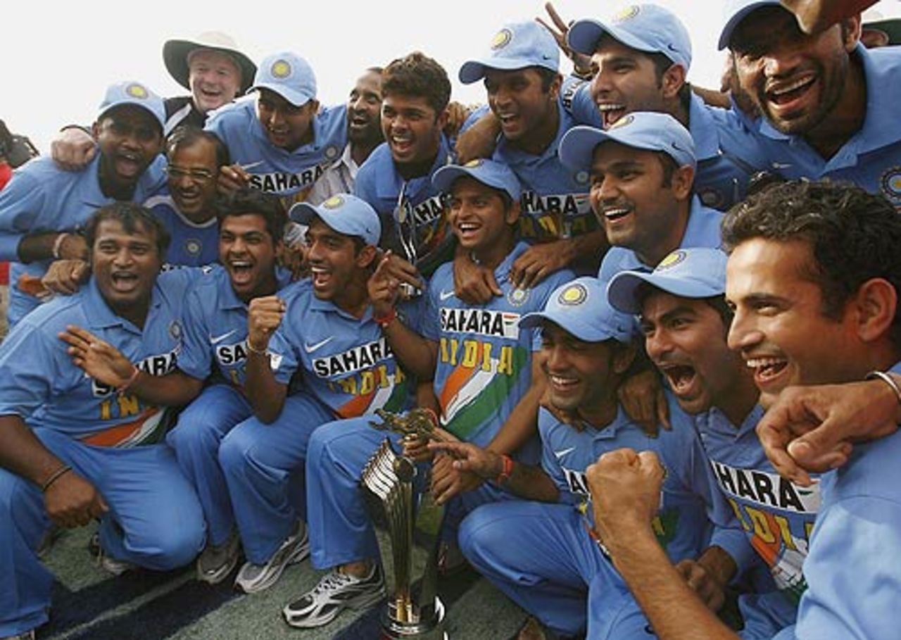 India pose with the series trophy, India v England, 7th ODI, Indore, April 15 2006